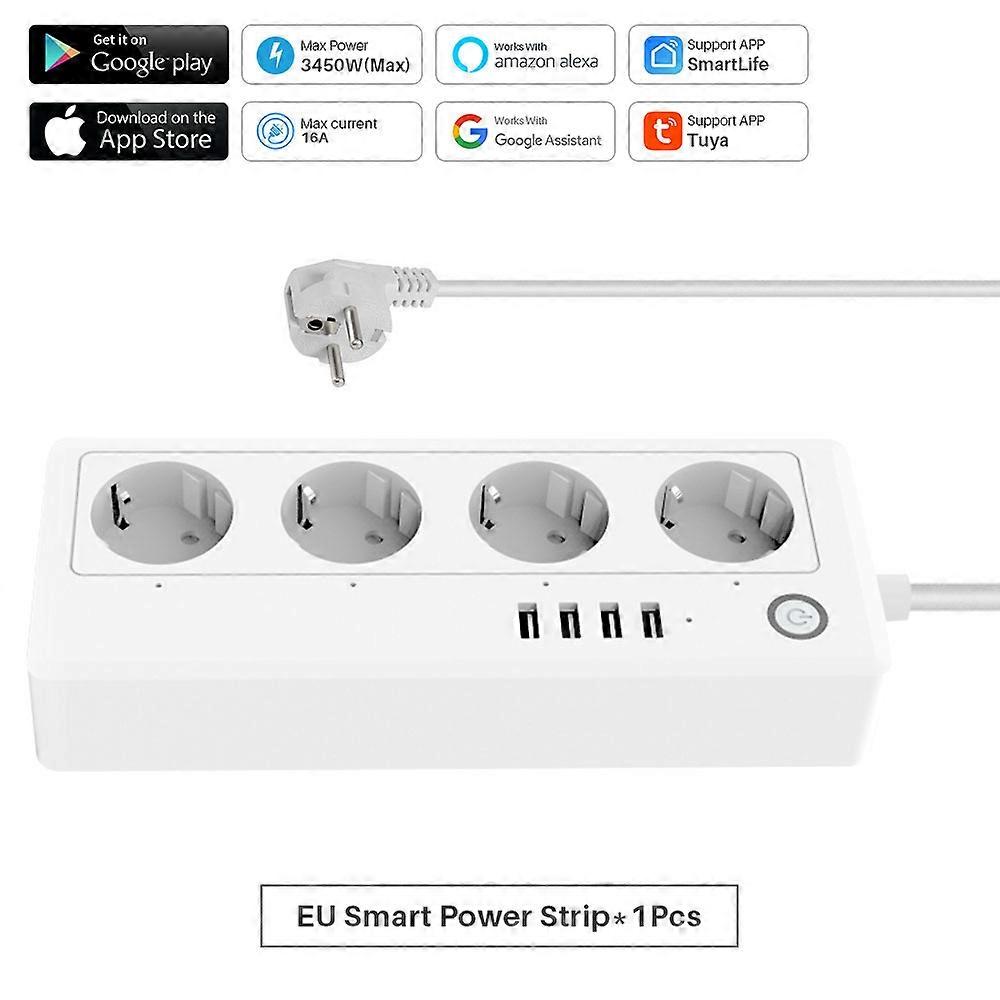 Tuya - Wifi Smart Power Strip, 4 EU Outlets with 4 USB Ports, Sync, Voice Control, Works with Alexa and Google Assistant