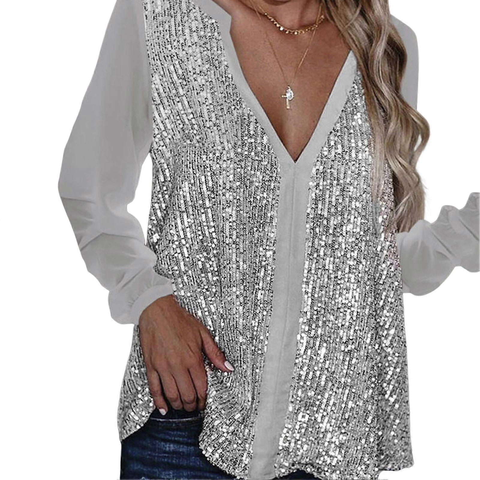 Pullu Dikişli Uzun Kollu Üst Seksi Parlak Payetli Gömlek İş İş Ofis Giyimi için Rahat Bluz