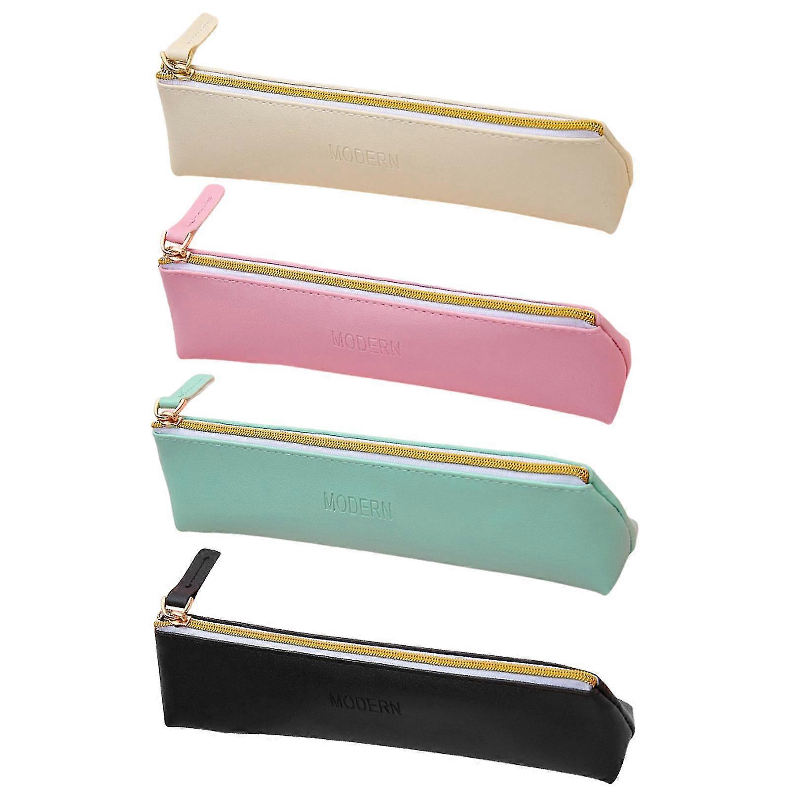 4pcs Pu Leather Zipper Closure Slim Design Pencil Case Easy Apply Large Capacity