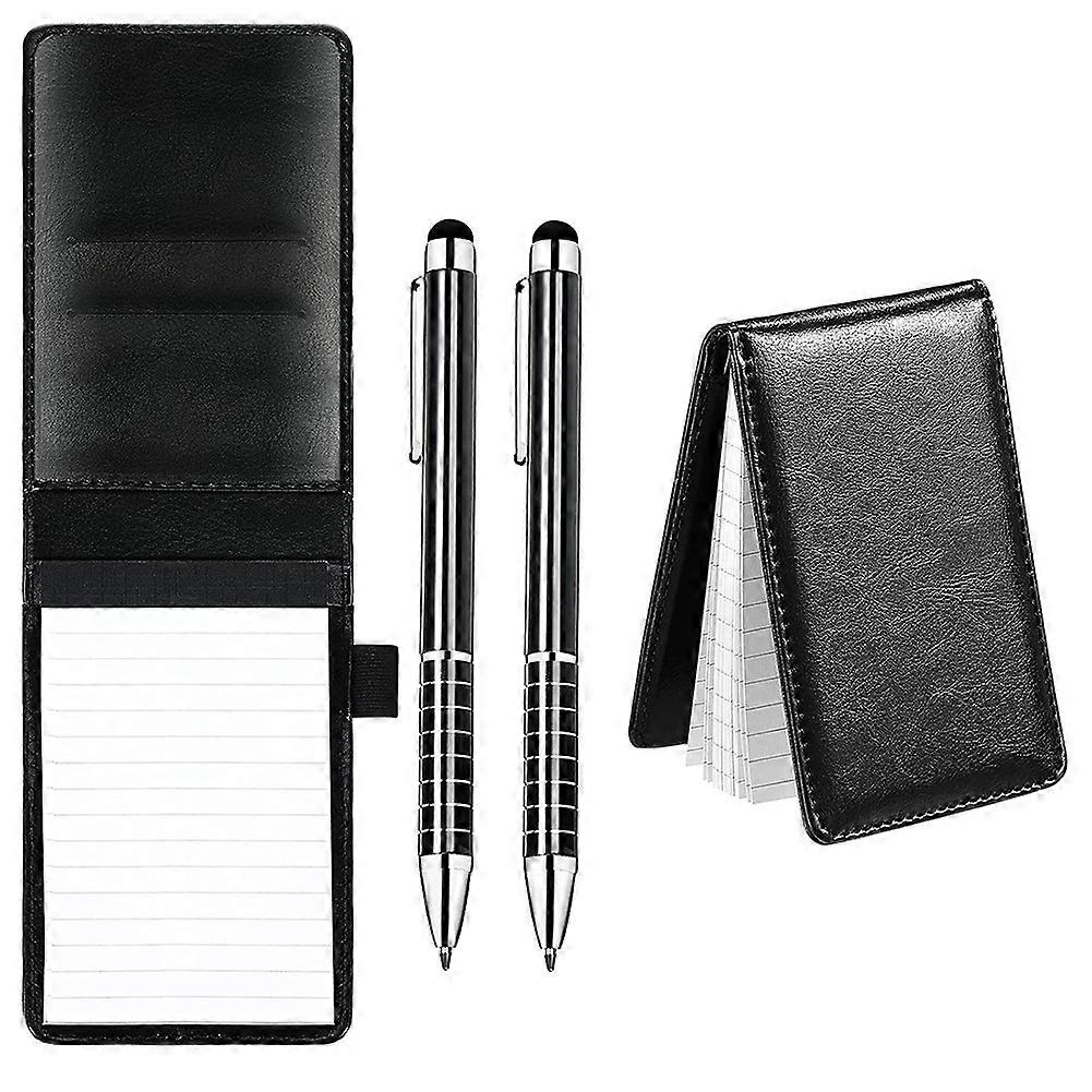 2 Pcs Black Mini Pocket Notepad Pu Business Notebook Notepad Multi-Function Notebook with Pen with 50 Lined Sheets