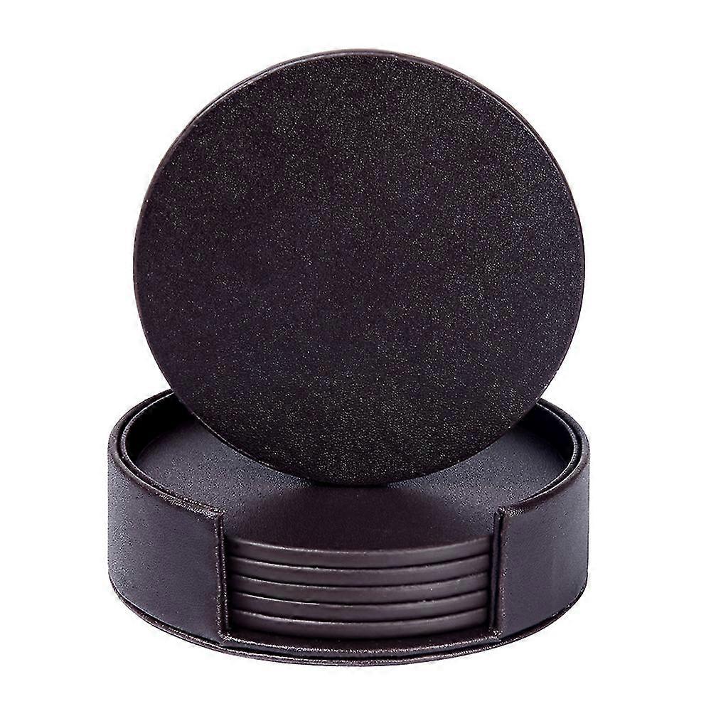 Coasters Compatible With Drinks With Holder Brown Round Coasters Pu Cup Mats 6 Pcs