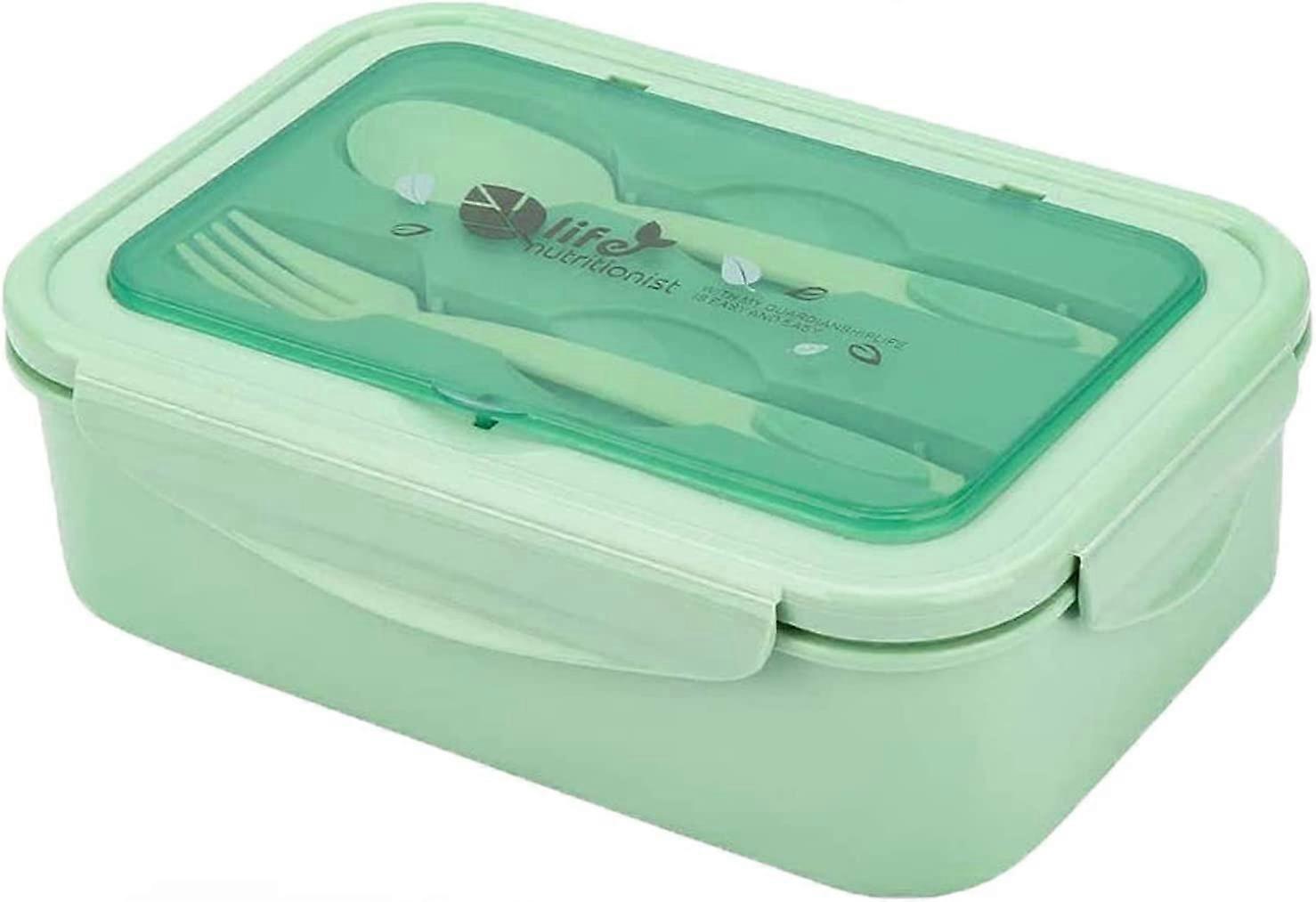 Bento Box,3 Compartments,w/Spoon and Fork(Green)
