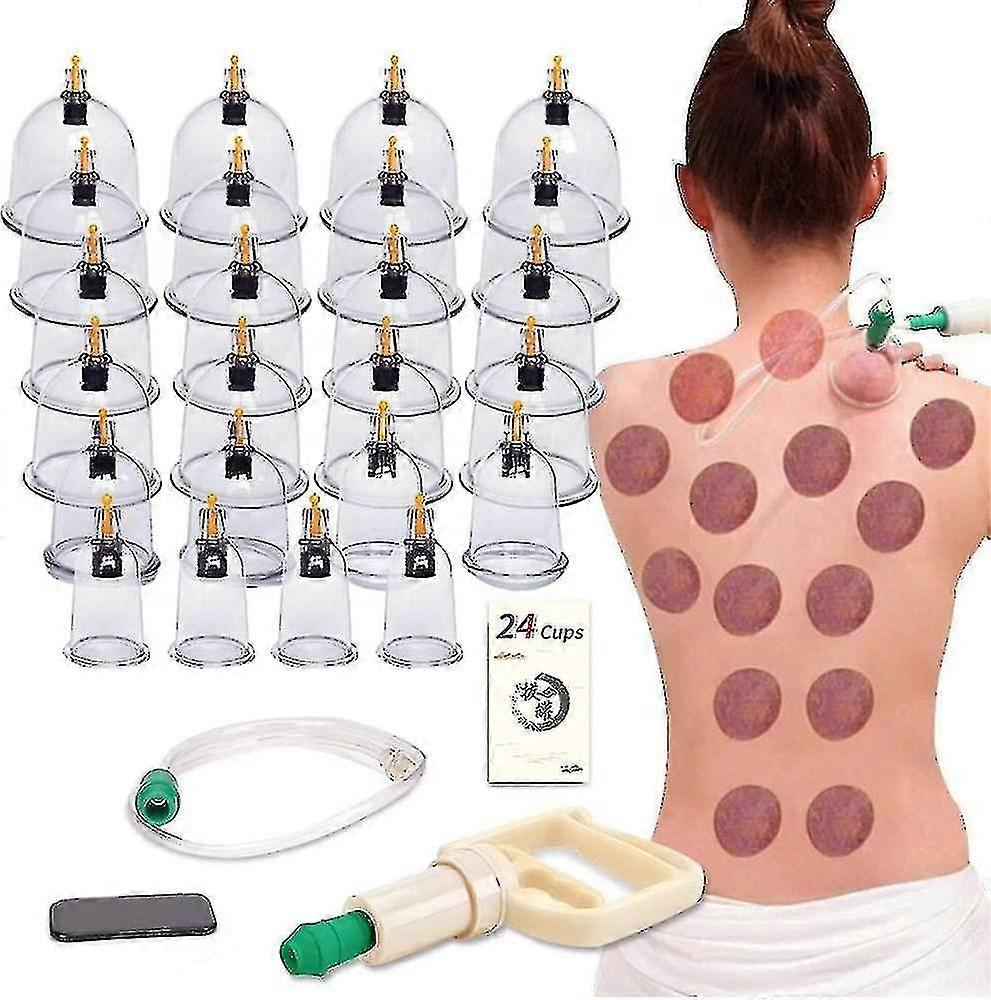 مجموعات العلاج بالحجامة ، 24 كوبا مجموعة الحجامة مع أكواب شفط فراغ مضخة للجسم السيلوليت الحجامة تدليك آلام الظهر