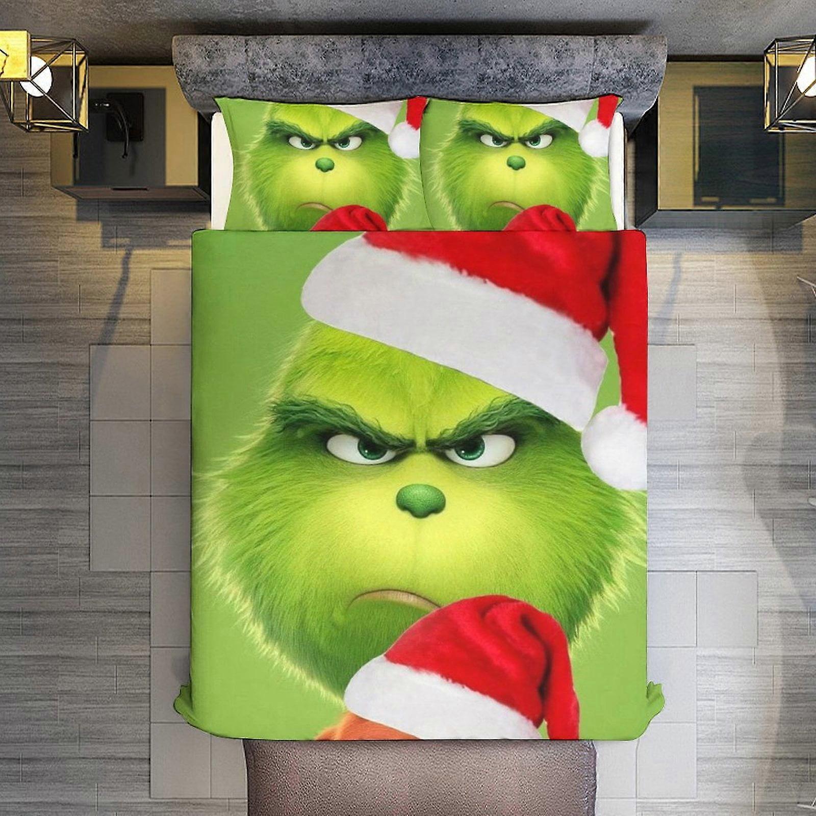 v472 Lençóis de Cama Merry Christmas Grinch 3 Peças Conjuntos Tamanho Completo/Queen Size - Colchas de Microfibra Reversíveis com 2 Fronhas Colcha Leve e Macia Co