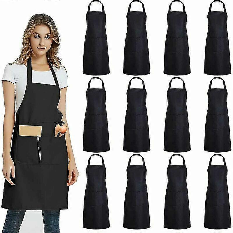 Pack of 6 Plain Bib Aprons with 2 Pockets - Black Unisex Commercial Apron in Bulk