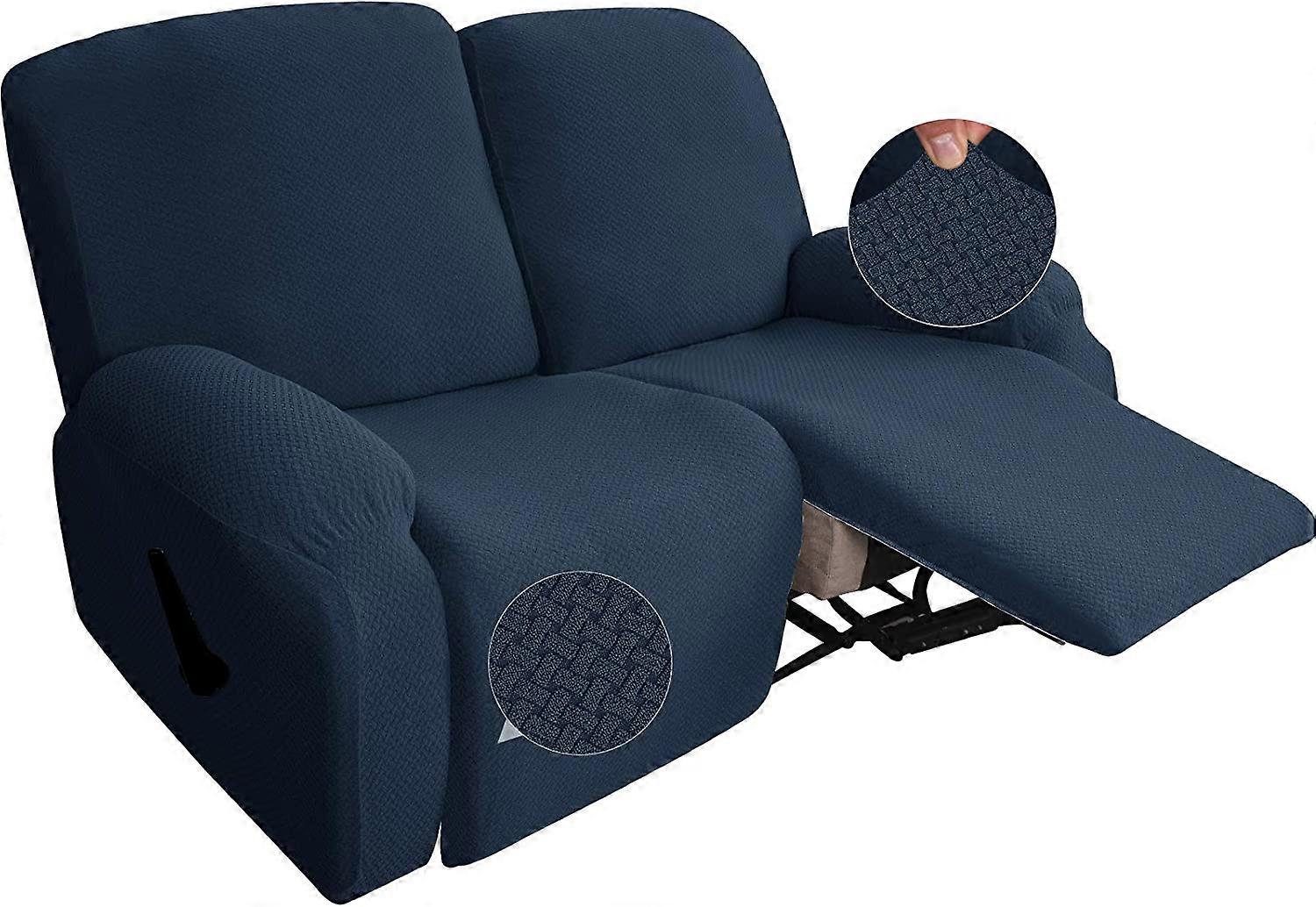 6-Piece Recliner Cover Stretch Jacquard Recliner Cover, 2-Seat Living Room Sofa Cover Soft Recliner Cover with Pockets (Double Recliner,Navy Blue)