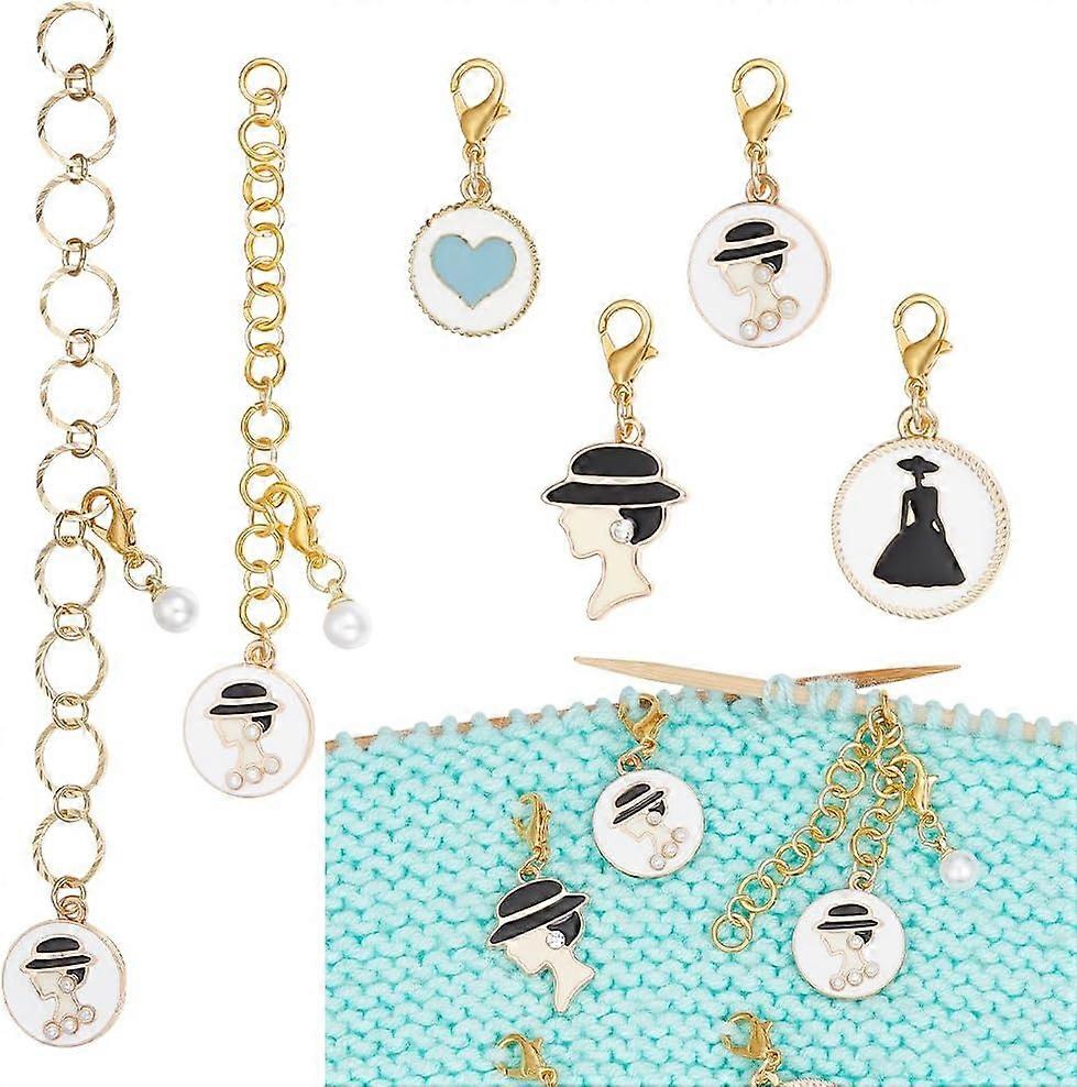6 Pcs Pearl Knitting Row Counter Chains Lady Pendant Stitch Marker Alloy Enamel Row Counter Chains for Knitting Crochet Tracking Project Progress DIY