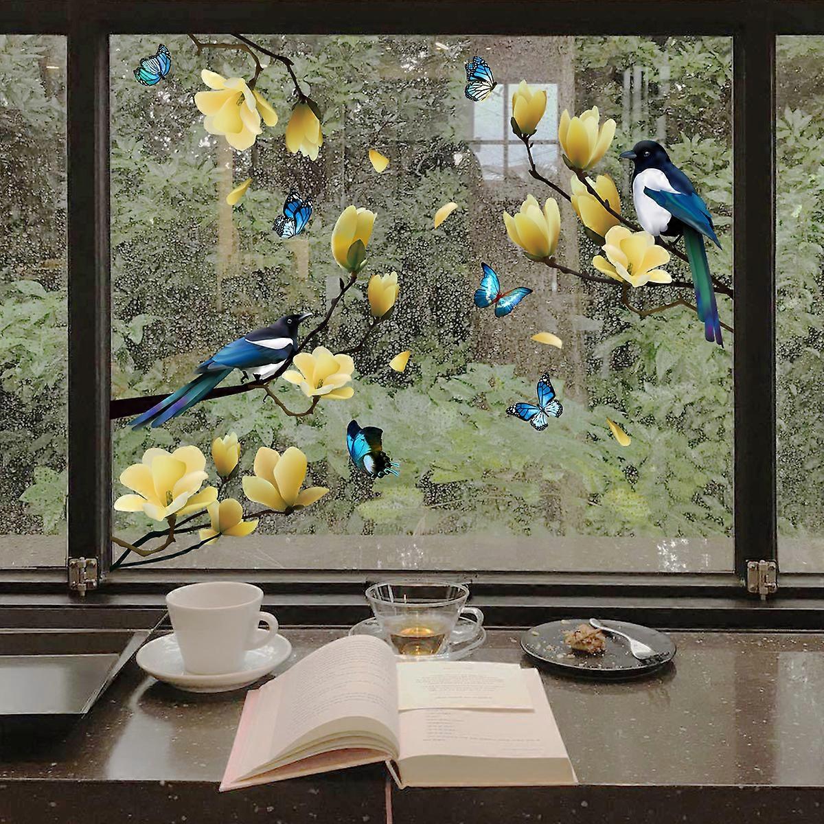 Window Stickers - 1 Stunning Decorative Static Clings with Branches Flowers Birds Pattern to Prevent Birds from Colliding in Your Windows