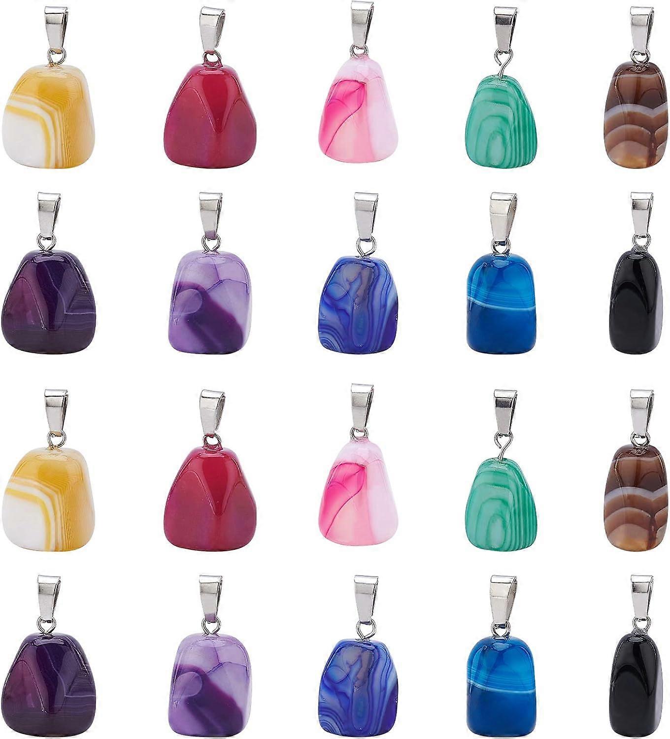 Natural Banded Agate/Striped Agate Pendants Dyed with Stainless Steel Snap On Bails Cuboid Stainless Steel Color Mixed Color 20~23x9~13x9~13mm Hole: 3