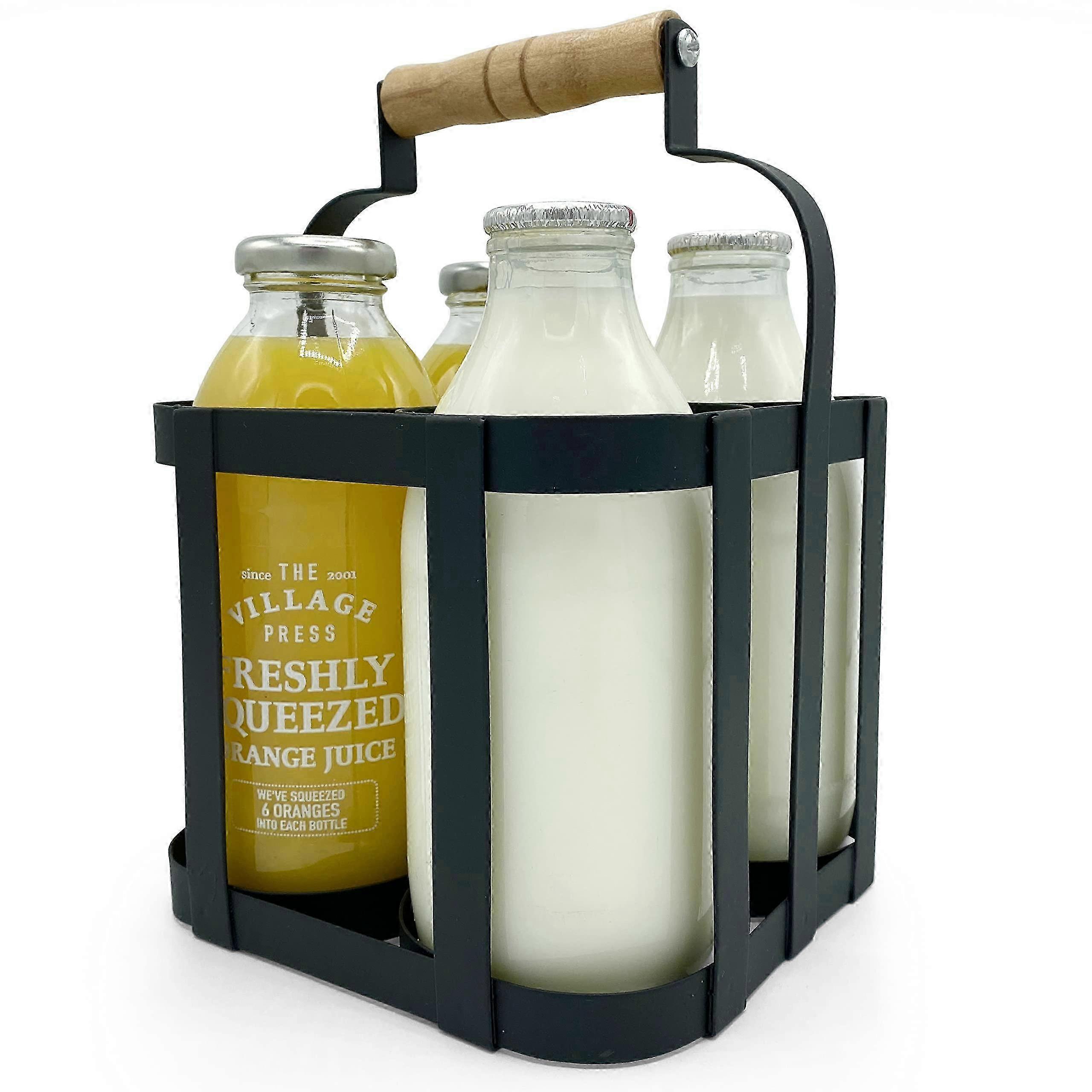 Black Metal Milk Bottle Holder With Wooden Handle With Handle Design