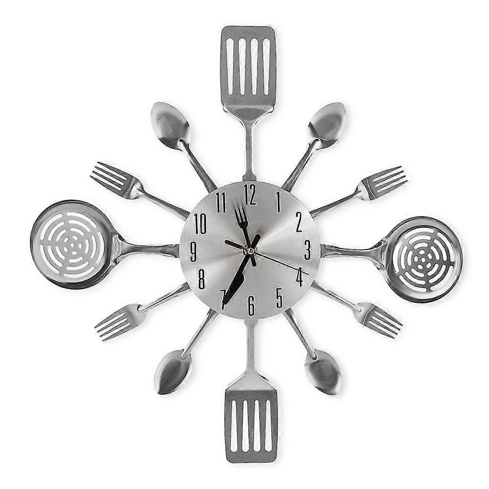 16 Inch Kitchen Wall Clock with Fork and Spoon Dial for Rustic Home Decor and Cooking Enthusiasts in Black and White