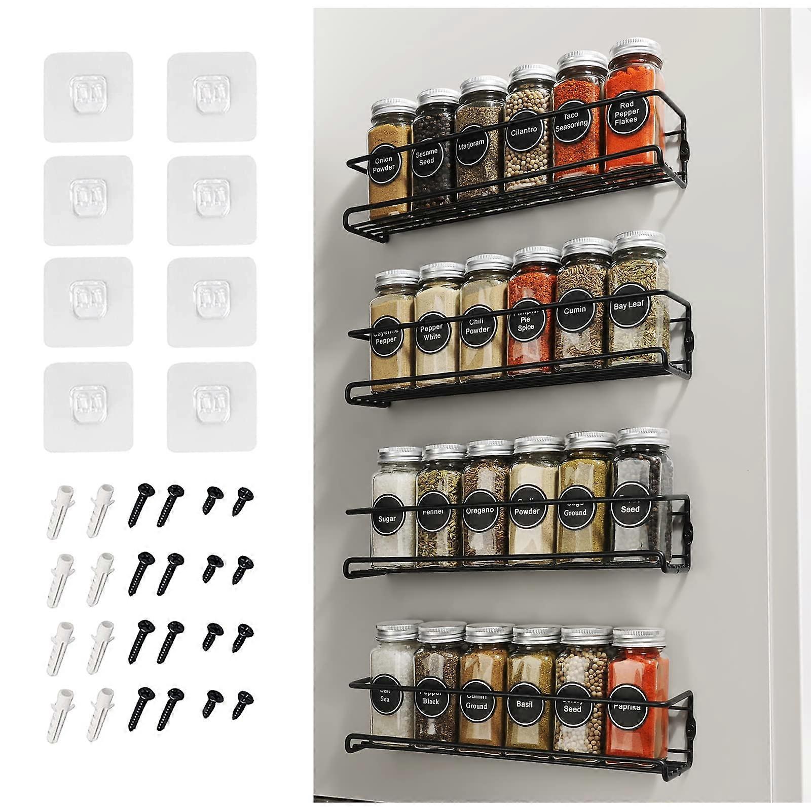 4PCS Spice Shelf Set for Wall Mount, Spice Jar Organizer with 4 Tiers, Adjustable Size, Durable Steel Construction