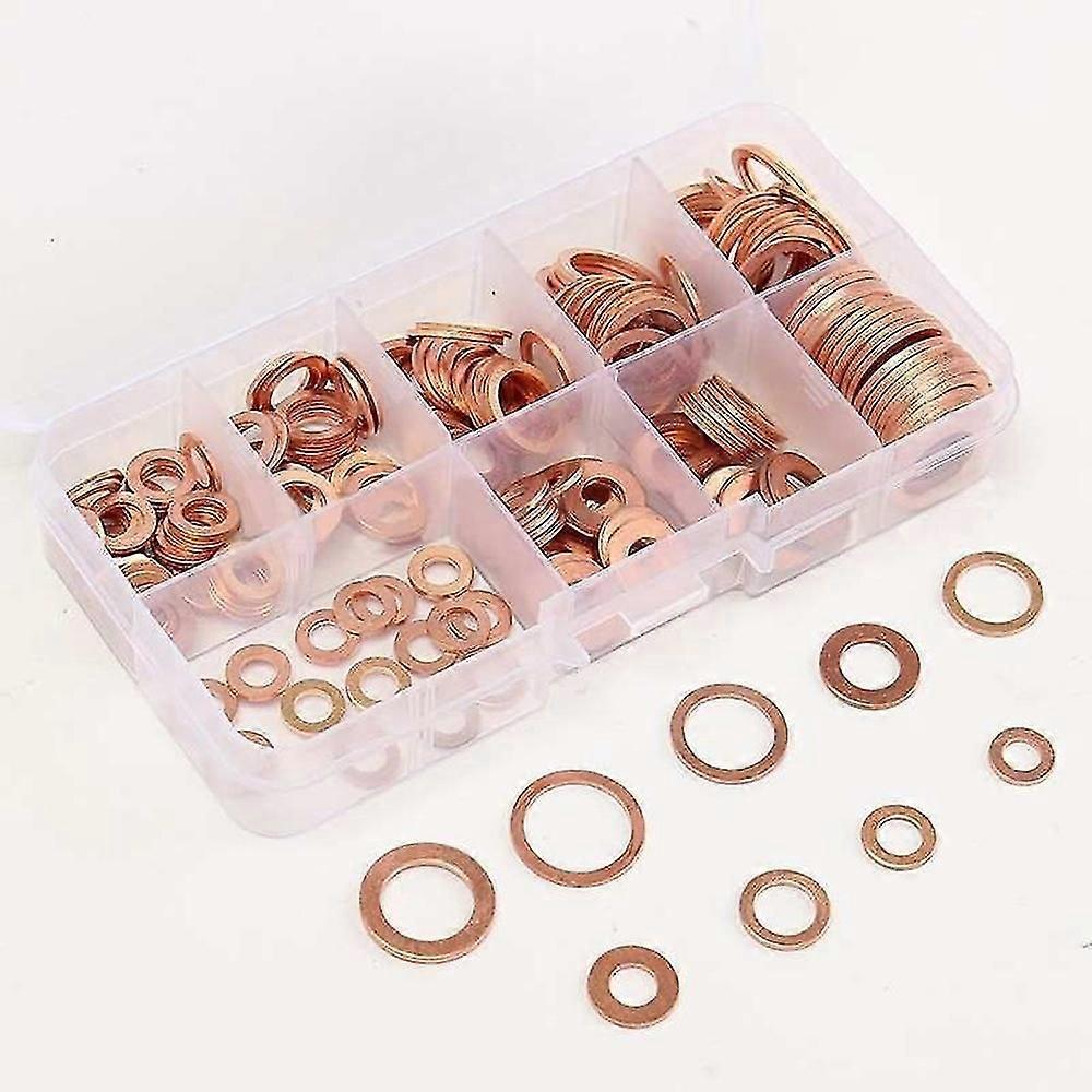 200pcs kobber vaskemaskin mutter, mutter og bolt sett flat ring tetning sortiment kit