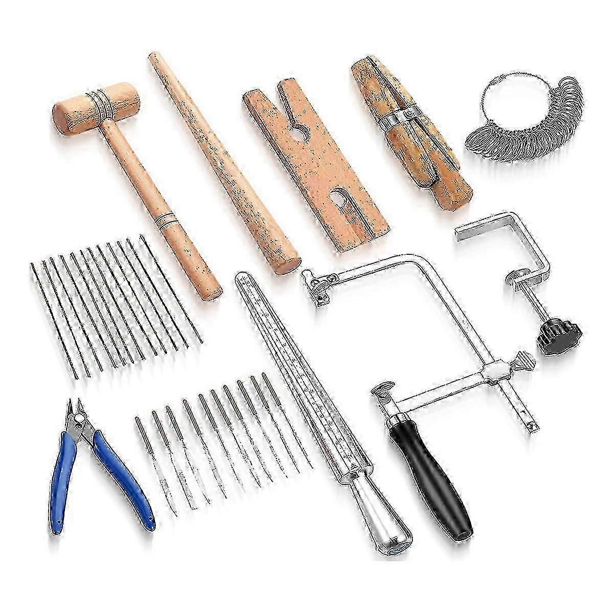 L'ensemble d'outils comprend une scie de bijoutier, un cadre, un banc, une pince à aiguille, une lime à aiguille diamantée, une pince à anneau en bois compatible