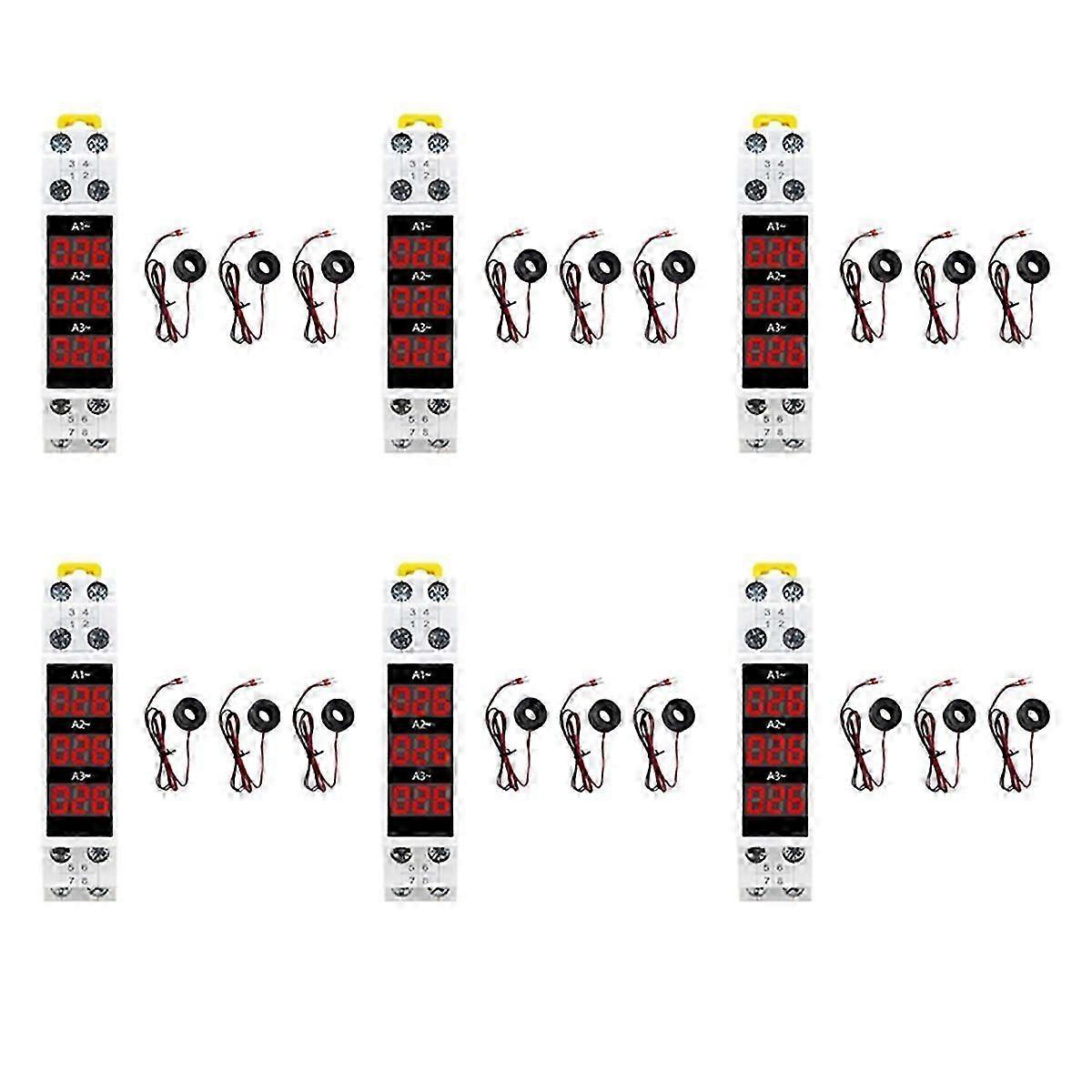 6X Din Rail Mount 3 Phase Ampere Meter Mini Modular Current Meter Gauge Indicator LED Digital Displ