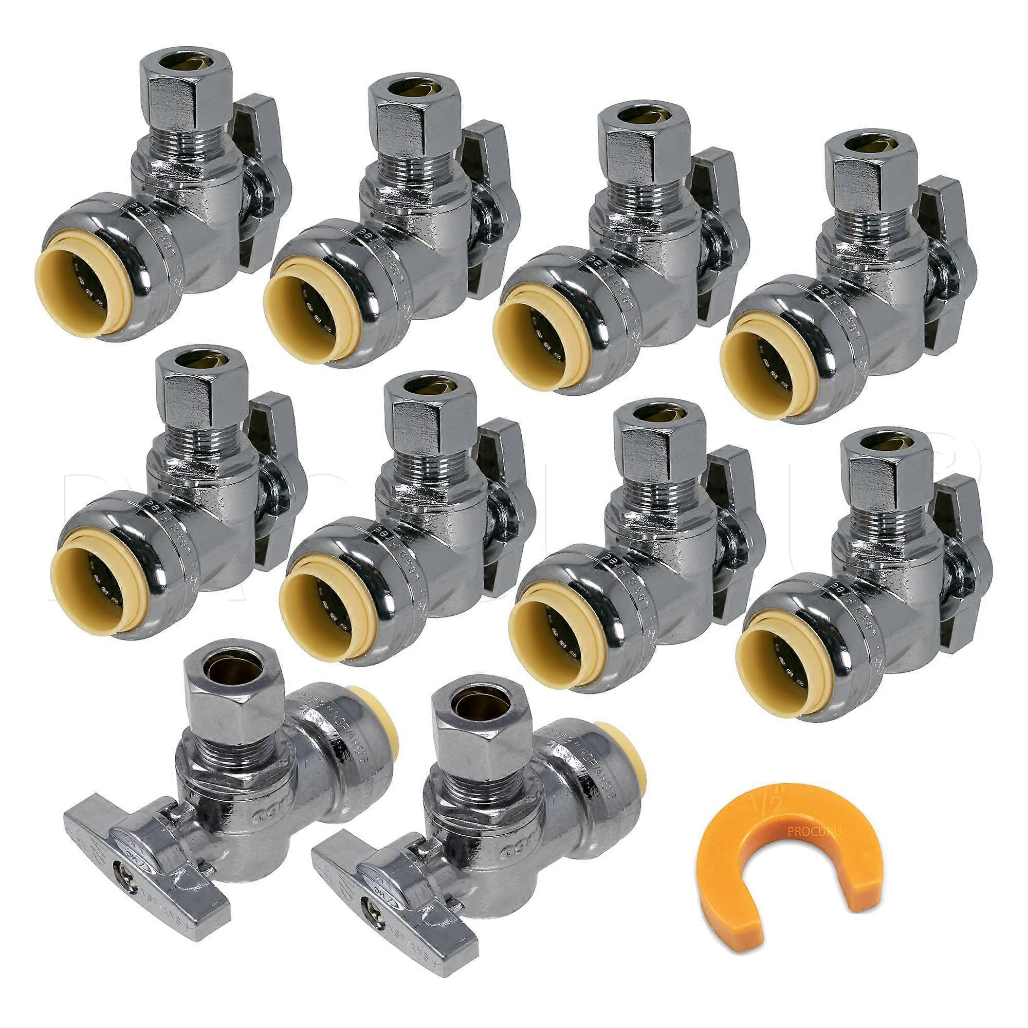 10 Pack Brass PushFit Angle Stop Valve for Copper and PEX Pipes 1/2" Nom x 3/8" OD Comp