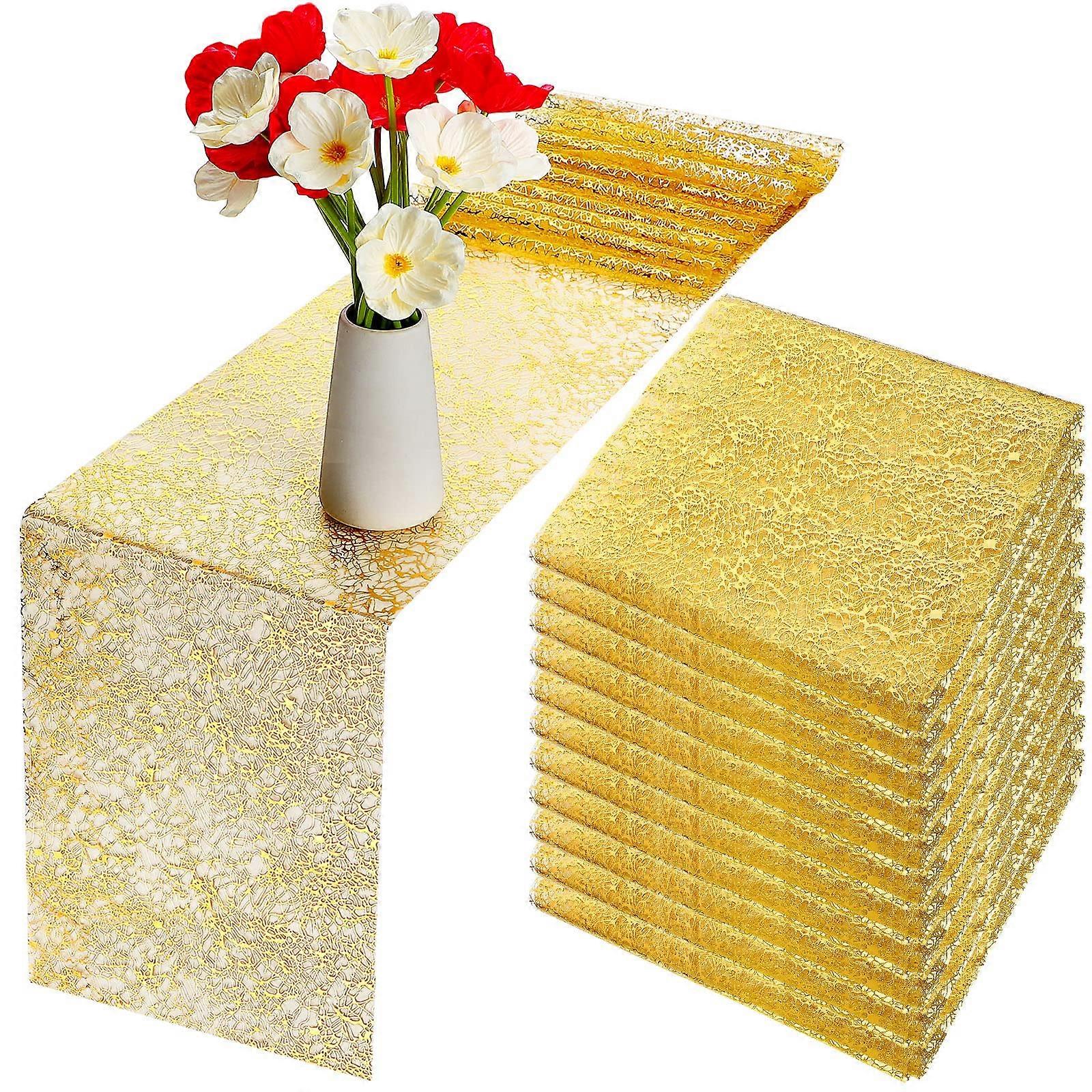 Gold Metallic Thin Mesh Glitter Table Runner 11 x 84 Inch - 12 Pack Wedding Party Decor, Elegant Table Covering