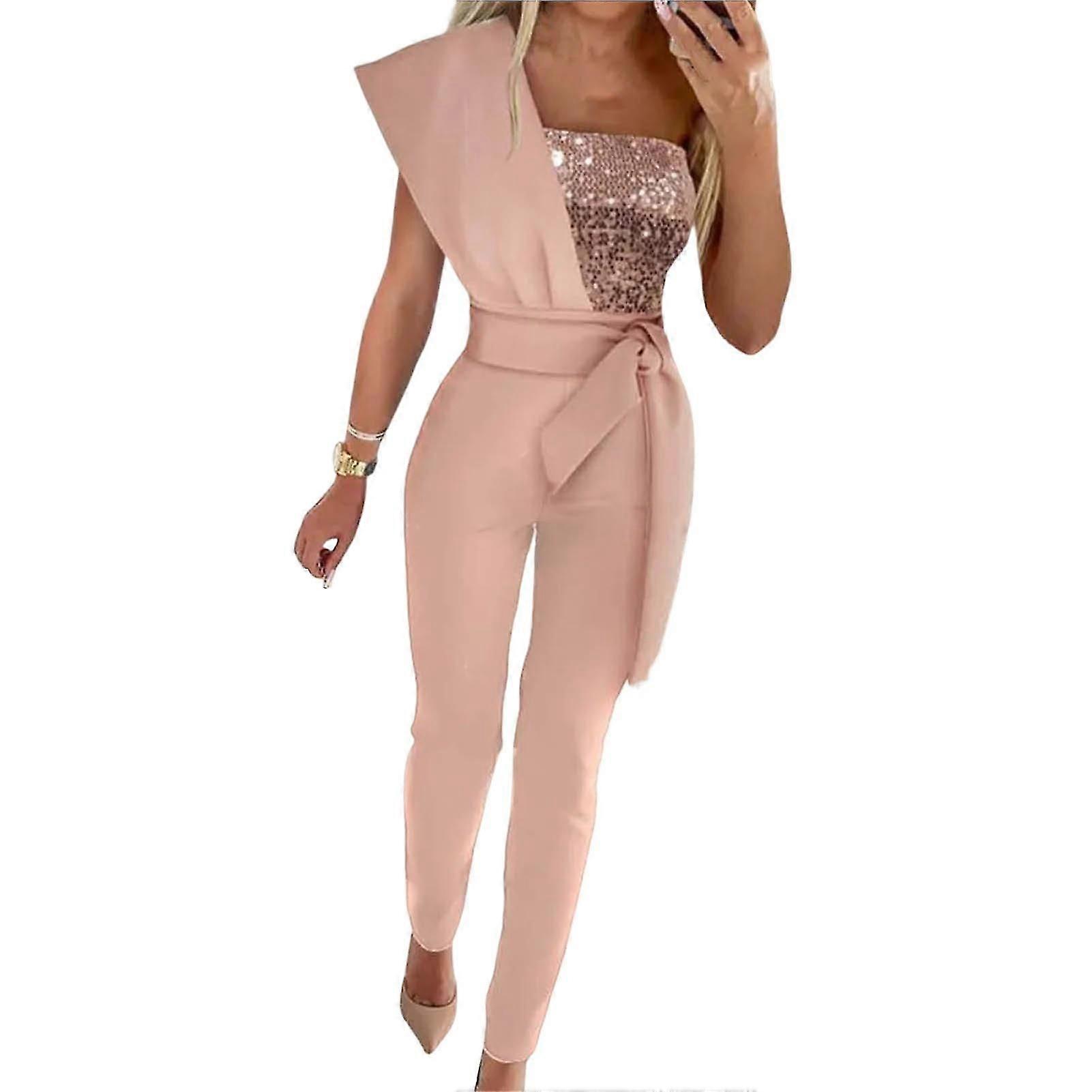 Sequin Patchwork One Shoulder Party Jumpsuit with Lace-up Pants