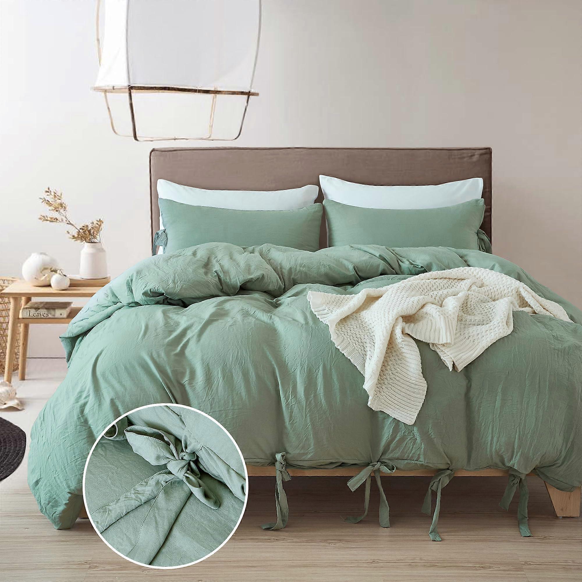 Sage Green Duvet Cover Twin, 3PCS Breathable Ultra Soft Washed Microfiber Bedding Set with Bowknot