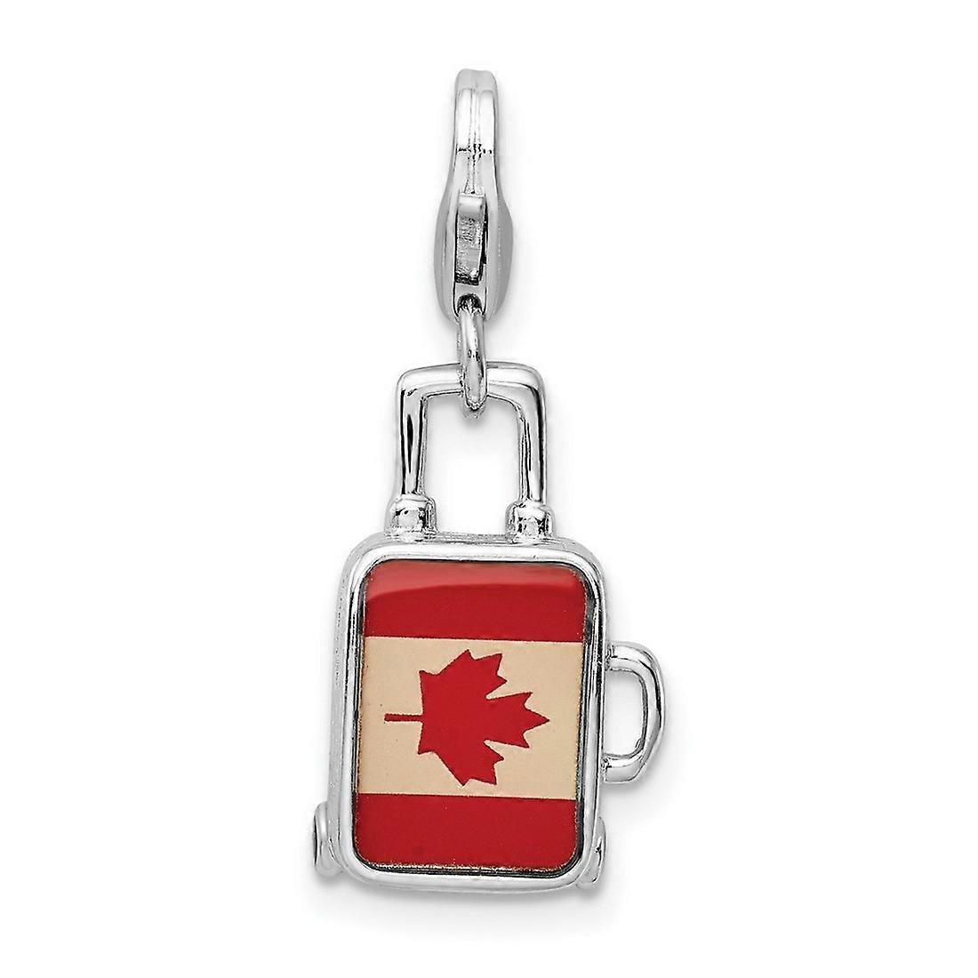 925 Sterling Silver Polished Fancy Lobster Closure Rhodium Platedenameled Canadian Flag Suitcase Charm Pendant Necklace