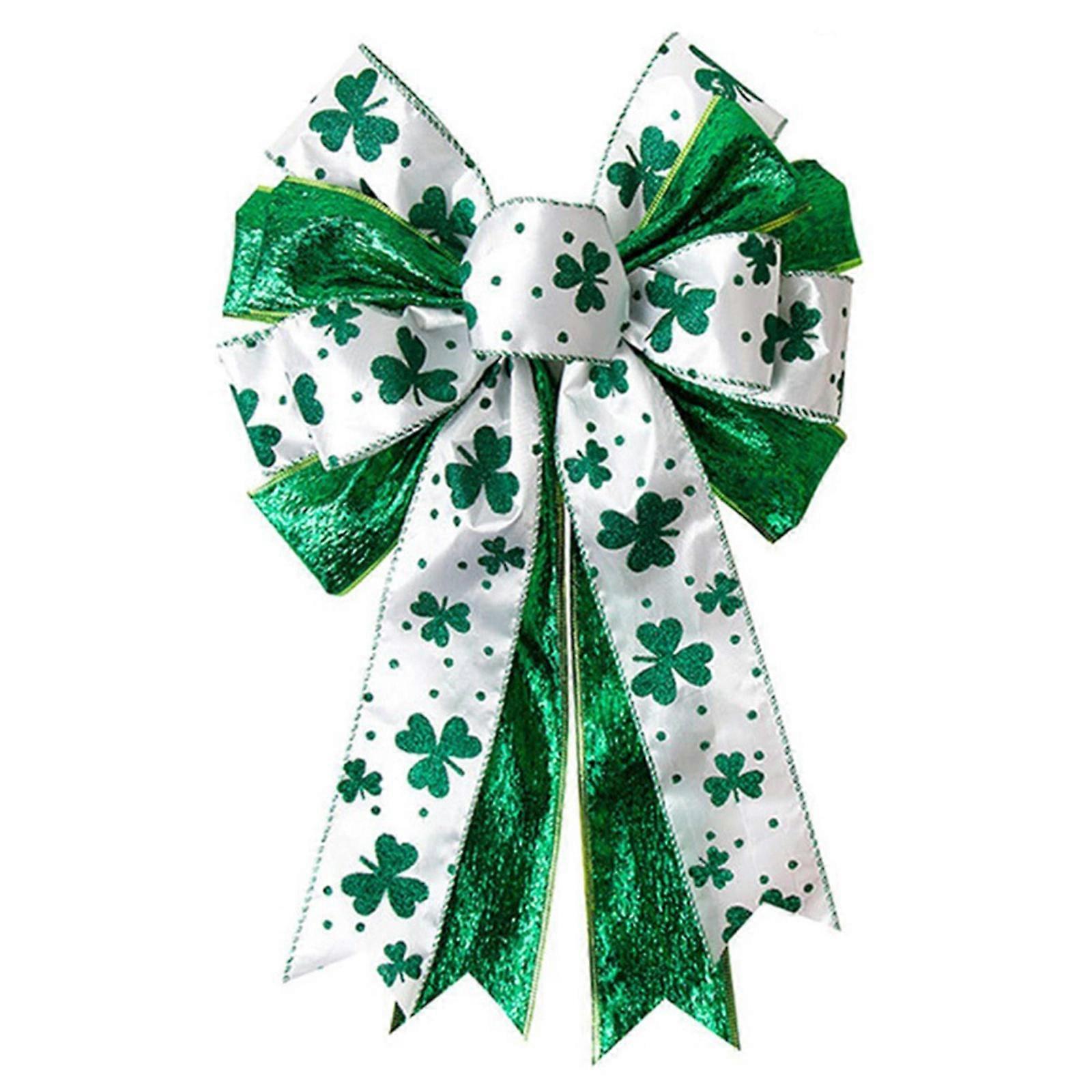 Patrick's Day Wreath Bowknot Green Shamrock Clovers Decoration Bowknot Display Ornament for Front Door and Tree Toppers