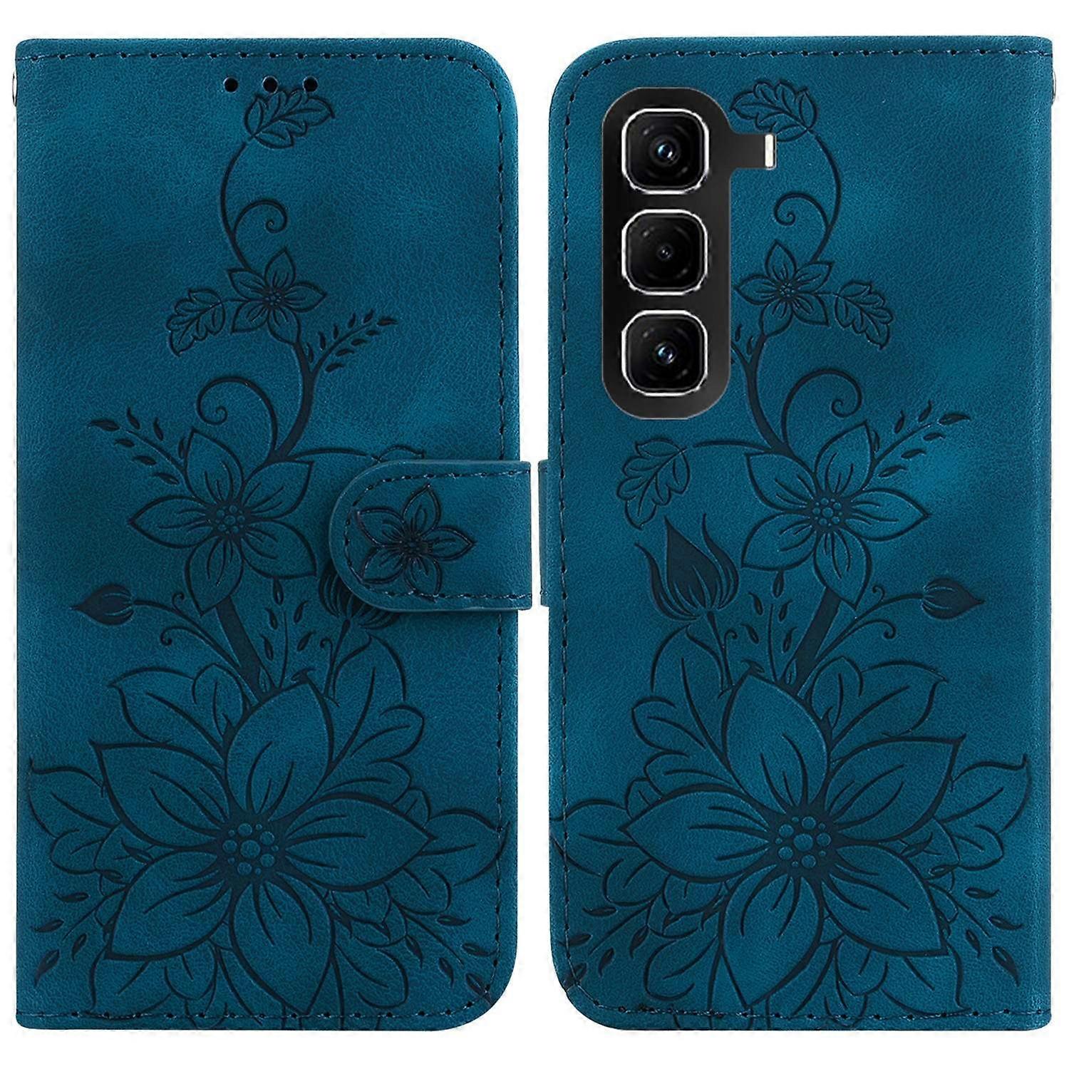 For Infinix Hot 50 Pro+ 4G Stand Case Lily Flower Imprint Leather Phone Cover with Wrist Strap