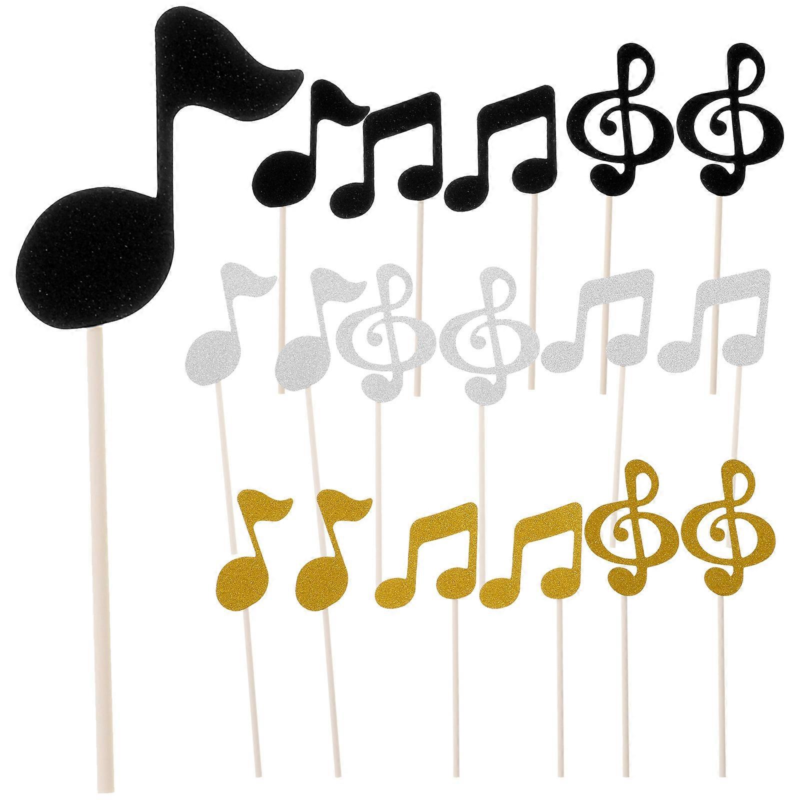 Glittery Music Notation Cake Toppers Set for Birthday Party Decoration Assorted Color Paper with Wood Stick 18PCS