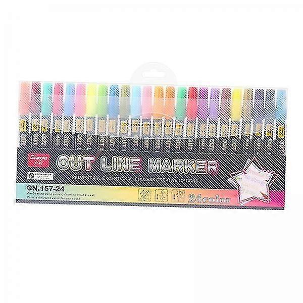 2x24 Colors Writing Drawing Double Line Outline Pen Highlighter Marker Pen