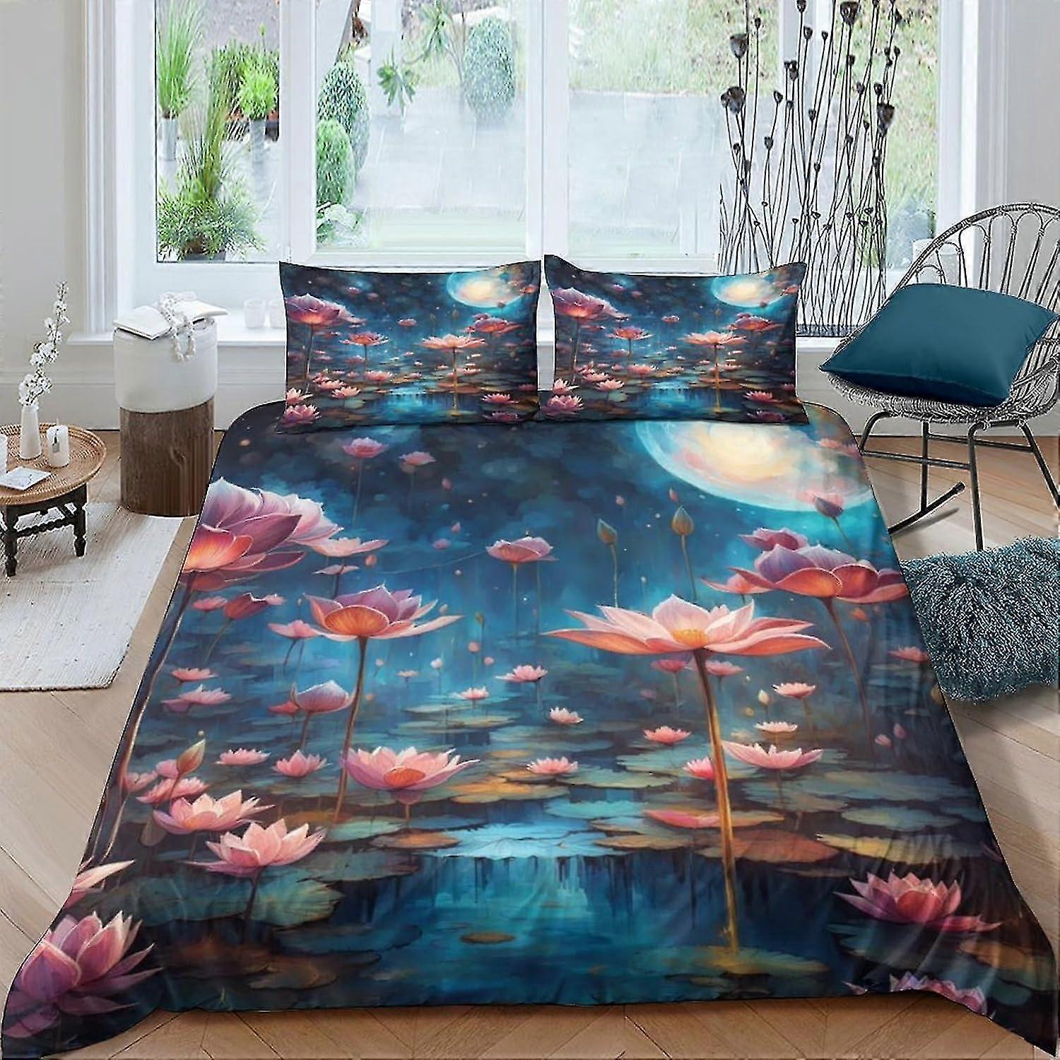 Påslakan med näckros i mikrofiber sängkläder, 3D-tryck påslakan och örngott, med dragkedja, mjukt täcke för män och