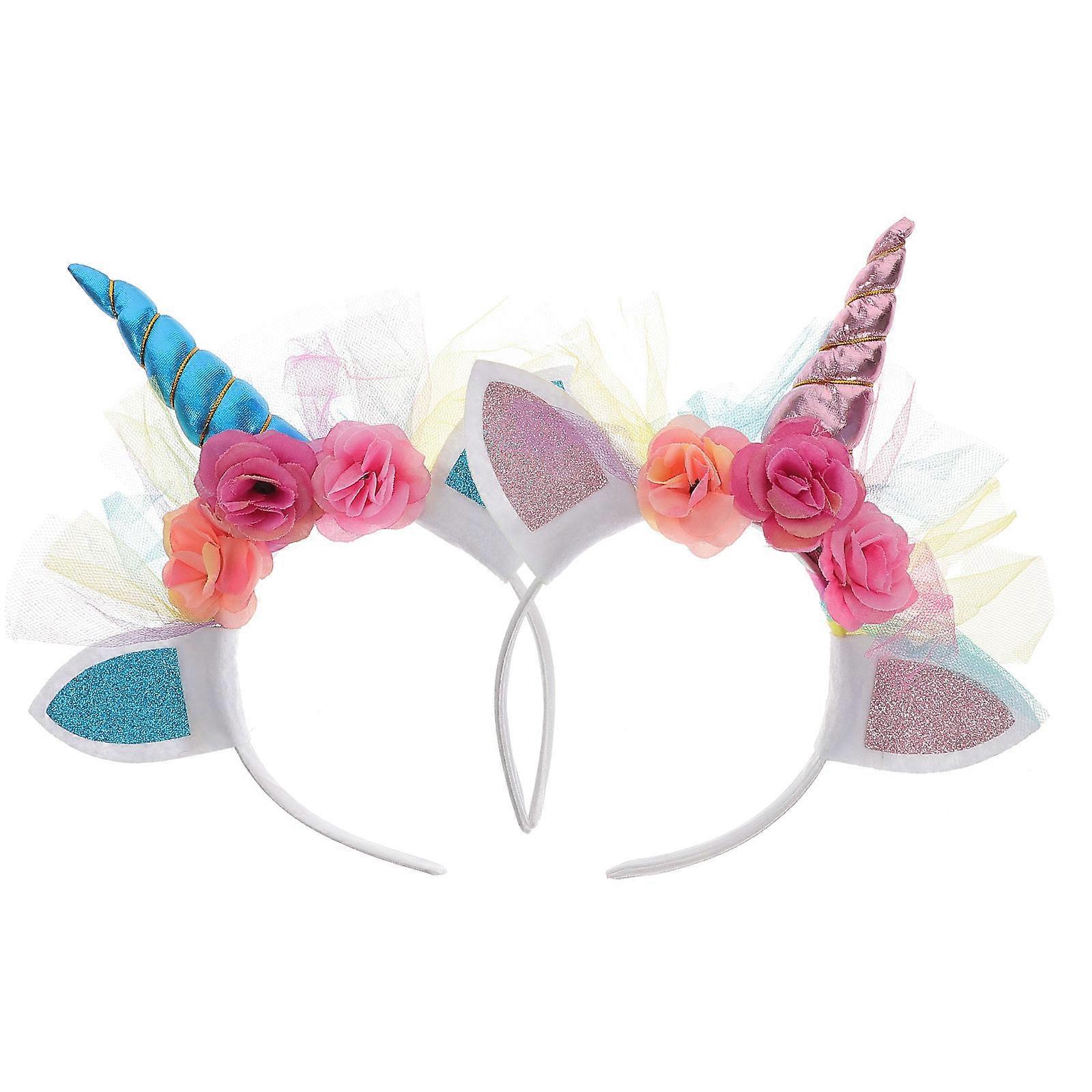 Unicorn Headband with Colorful Flower, Glitter Mesh Design, Cute Party Costume Accessory