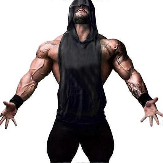 Men Sports Vest Hooded Sleeveless Solid Color Loose Deep Armpit Big Patch Pocket Training