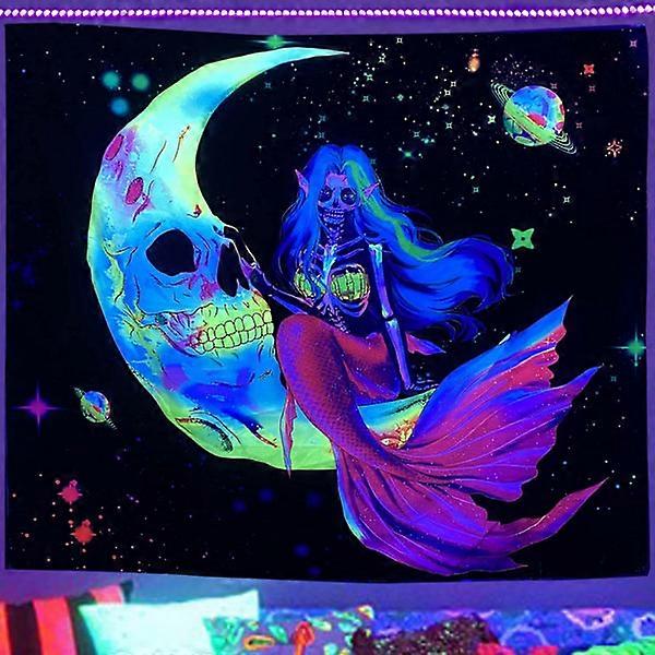 Skull Mermaid Moon Tapestry UV Active Blacklight Psychedelic Space