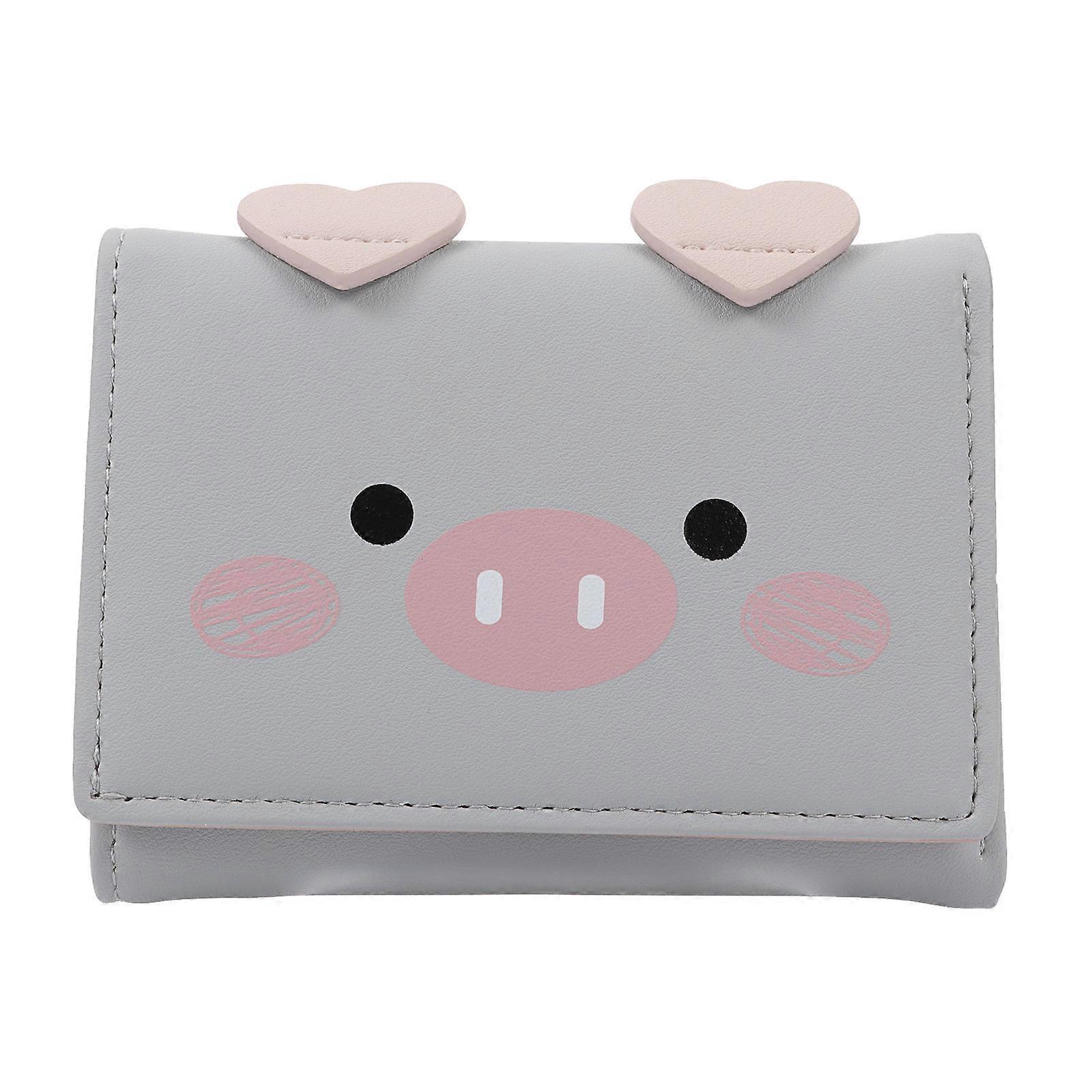 Adorable Grey PU Wallet for Women with Cartoon Design Foldable Three Fold Metal Buckle 6.5 Inches