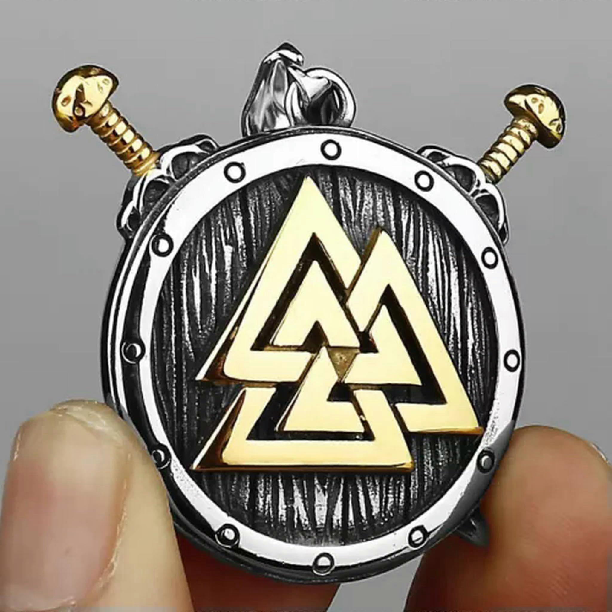 Wikinger Odin Protector Rune Triangle Clock Pendant Necklace in Stainless Steel - Silver/Gold Color Options