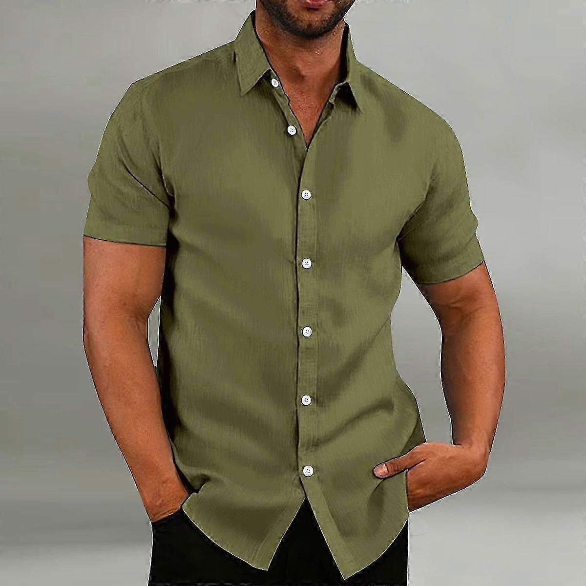 Men's Retro Solid Color Cotton Linen Shirts Casual Summer Loose Short Sleeve Lapel Shirt