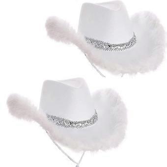 2 Pack Women's Cowboy Hat with Fluffy Feather & Glitter Decoration - Adjustable Drawstring Headwear