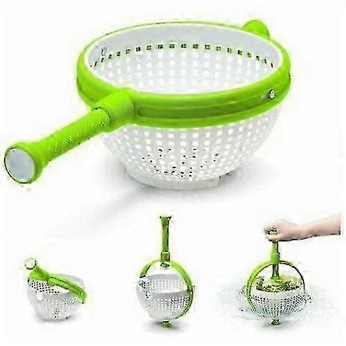 Foldable Handle Salad Spinner with Non-Scratch Nylon Strainer - Easy to Use in White & Green