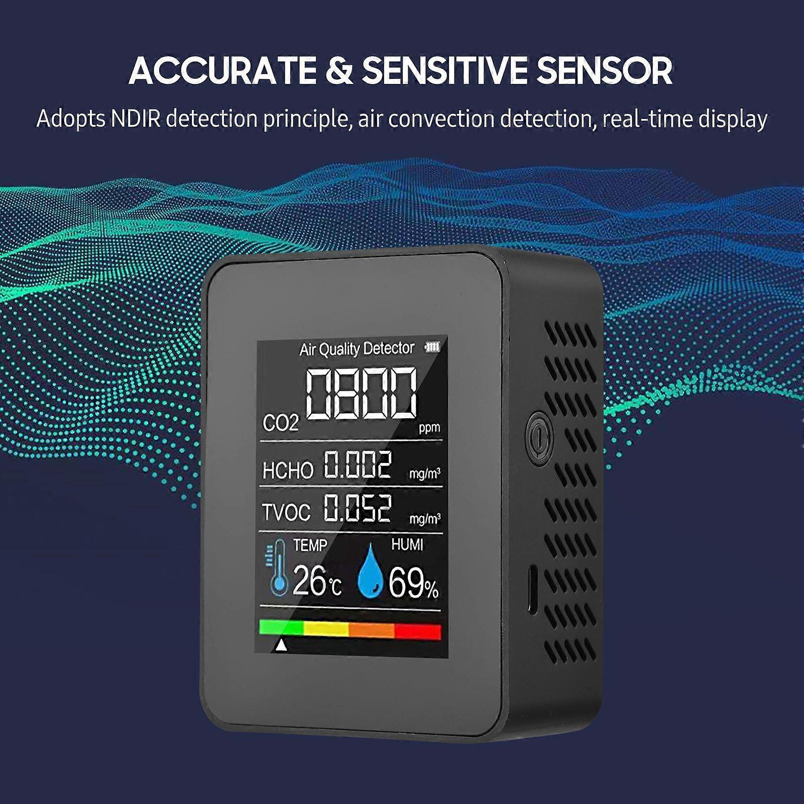 Portable Air Quality Monitor Indoor CO2 Detector 5 in 1 Formaldehyde HCHO TVOC Tester LCD Temperature Humidity Tester Rechargeable CO2 Alarm Meter for