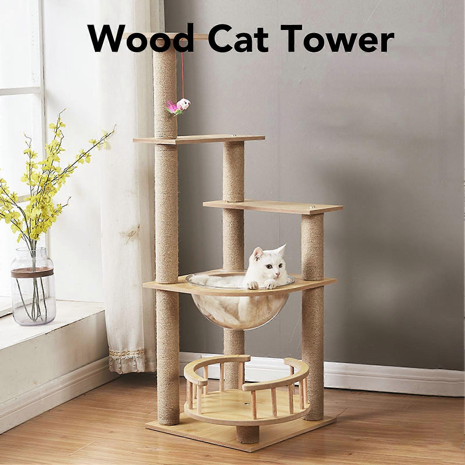Compact cat tree, stable and sturdy structure, multi-level solid wood tower, safe for indoor cats.