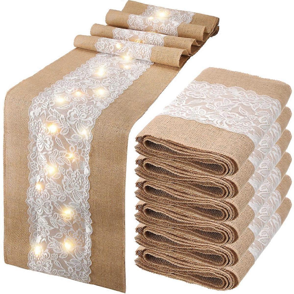 6 Pack Burlap Table Runner with LED Lights Lace 12x108 Inches