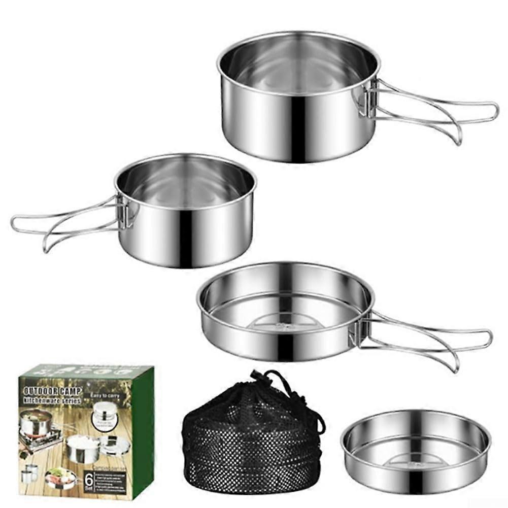 Efficient Outdoor Cooking Set Stainless Steel Pots With Foldable Handles Storage Bag For Camping Four Piece Set