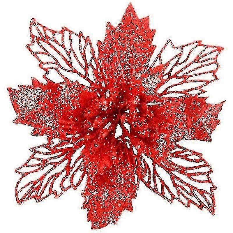 Artificial Poinsettia Flowers, Xmas Christmas Tree Decoration, Glittering Hollow Ornament, 6pcs, Compatible with Home Window Door