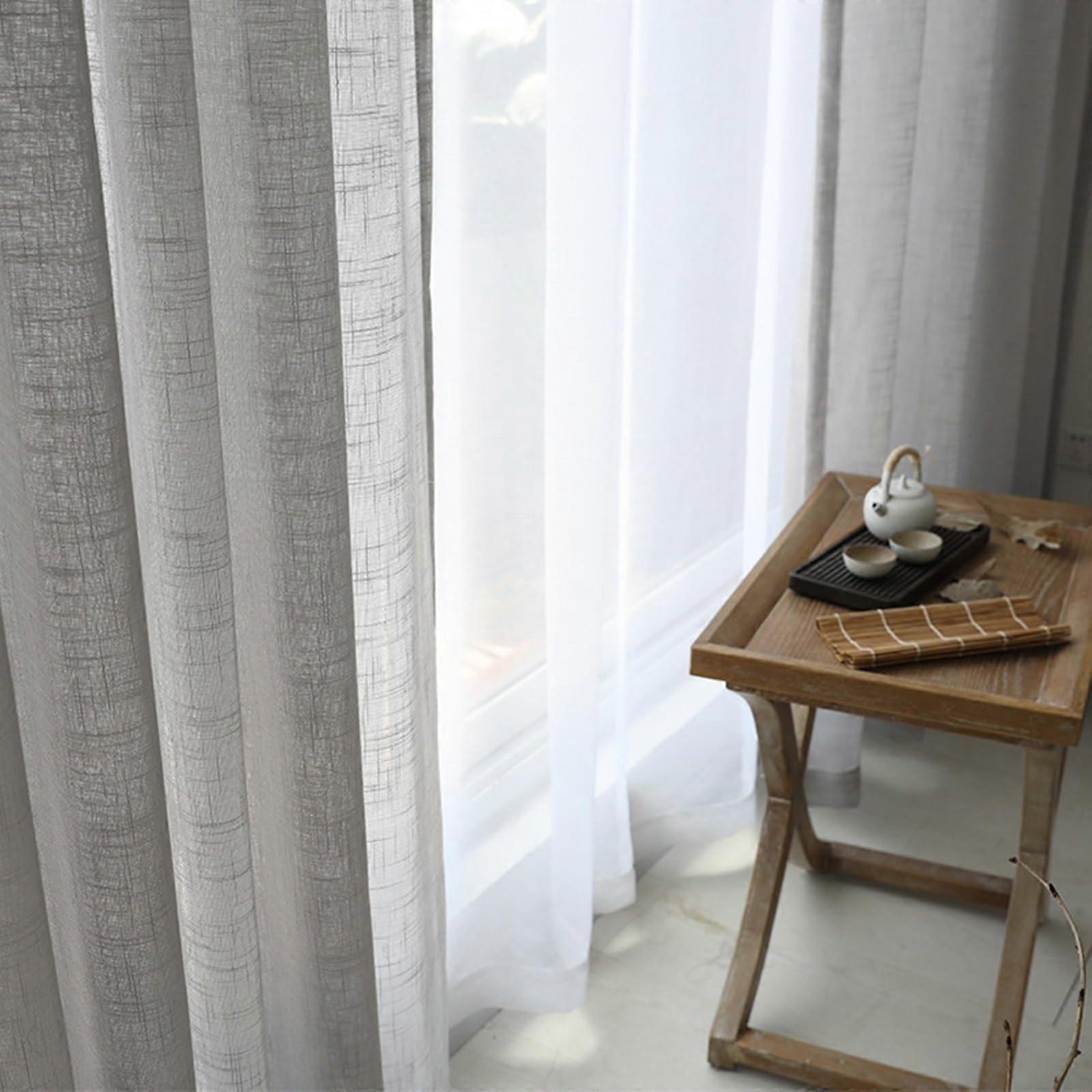 Sheer Voile Curtains With Eyelets Grey Linen Effect Translucent Polyester 132x214 cm Panels 2 Pack