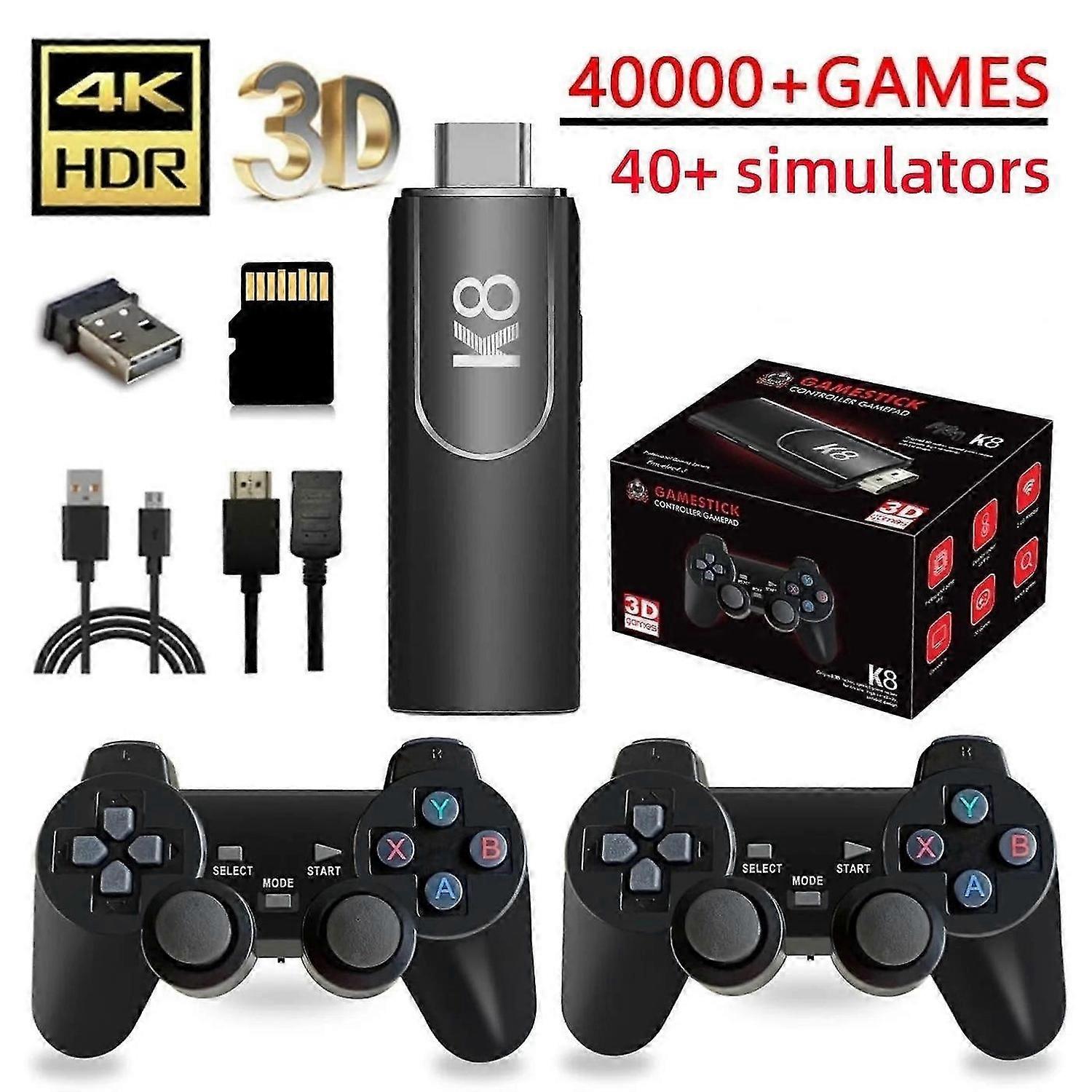 K8 wireless retro game console with 40,000 built-in classic games, 4K HDMI TV output, dual 2.4G wireless controller, 64G nostalgic game stick