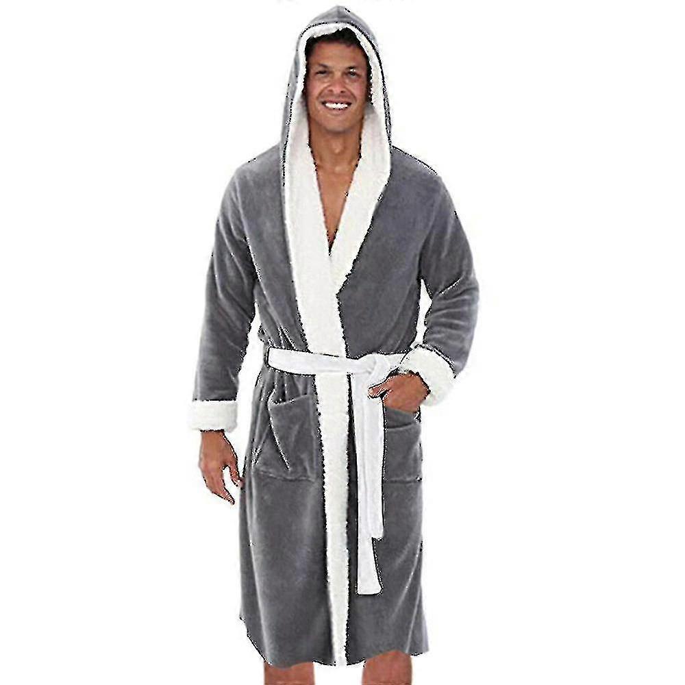 Men Winter Fleece Hooded Bathrobe Night Robe