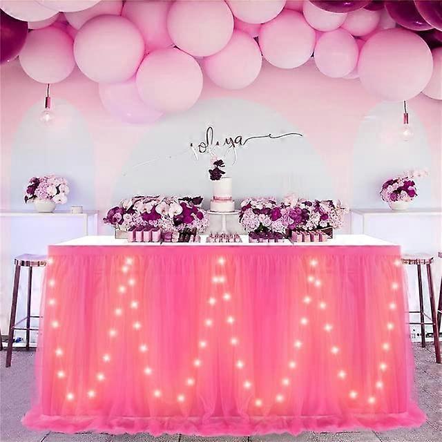 3 Layer Mesh Table Skirt Square Rose Pink Tutu Fluffy Tulle 4/6/9/14 Ft X 77 Cm With LED Light