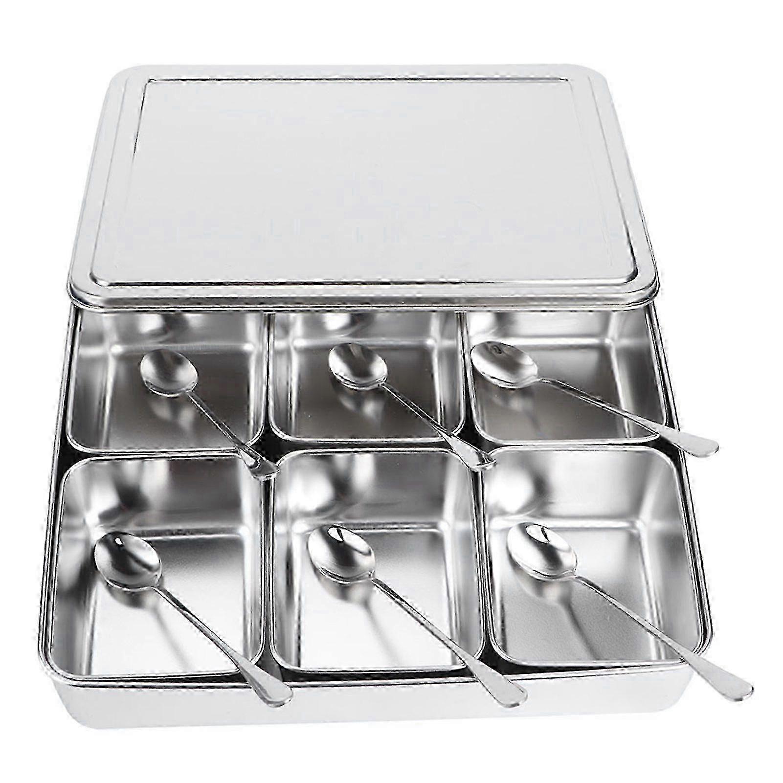 6‑Grid Stainless Steel Seasoning Box Jar Storage Container Set with Spoons Kitchen Utensils