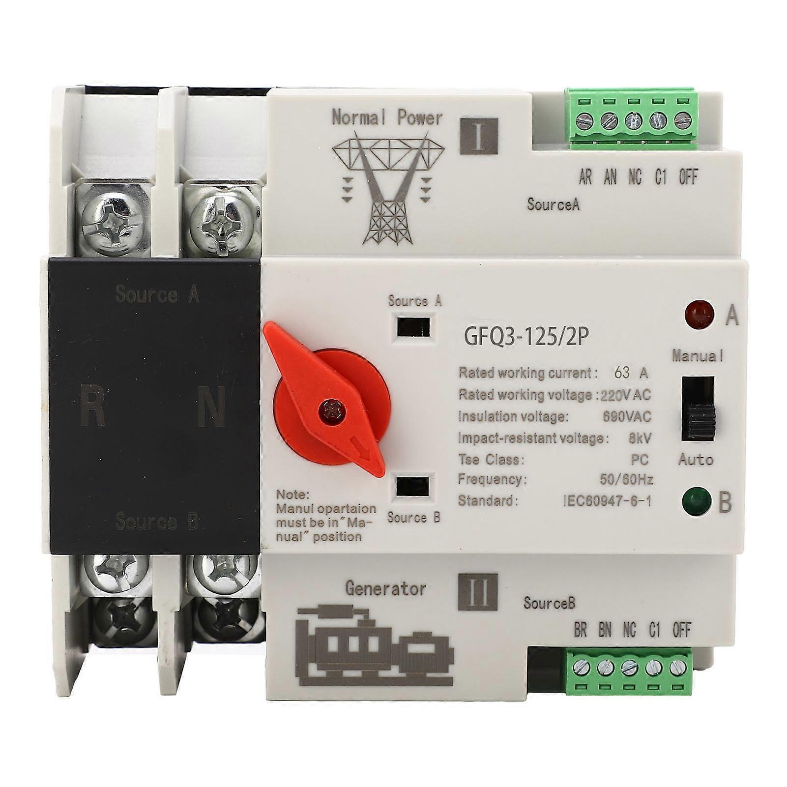 Automatic Transfer Switch Dual Power 2P 63A AC220V Flame Retardant Power Transfer Switch for Generator Backup