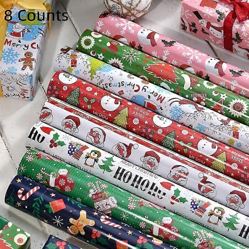 8 st söta julklappspapper, jultomtehattar, snögubbedesigner, perfekta förpackningsmaterial för festsäsongen, presentförpackning
