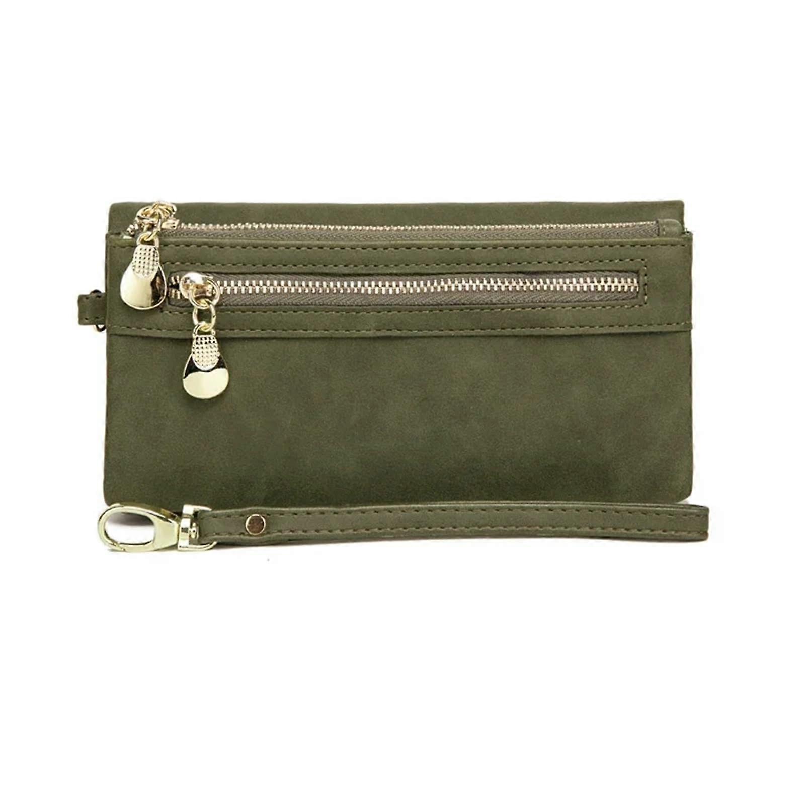 Leather Wallet Dull Polish Leather Large Capacity Double Zipper MultiPocket Dark Green